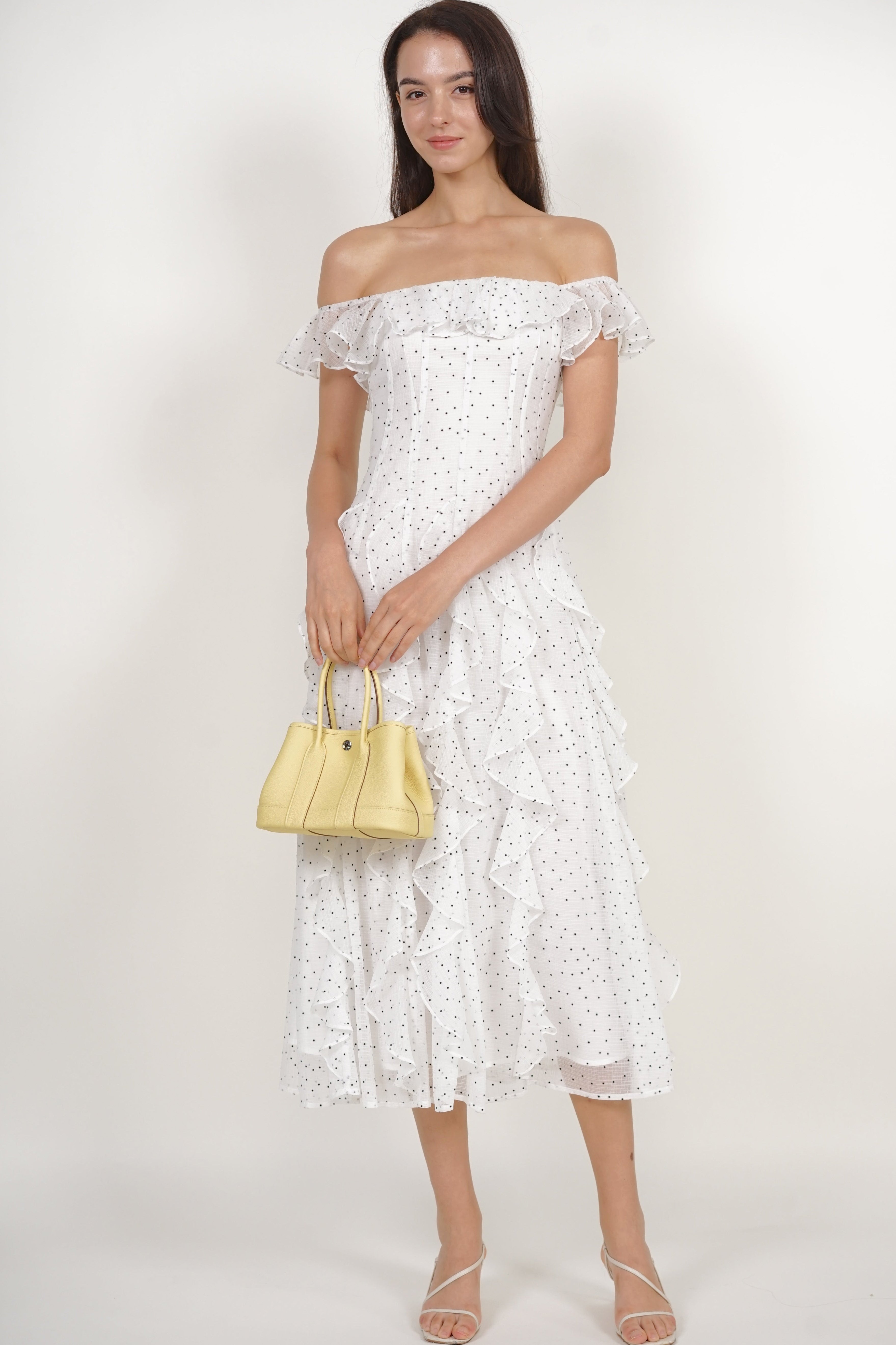 Off-Shoulder Ruffle Dress in White Dots