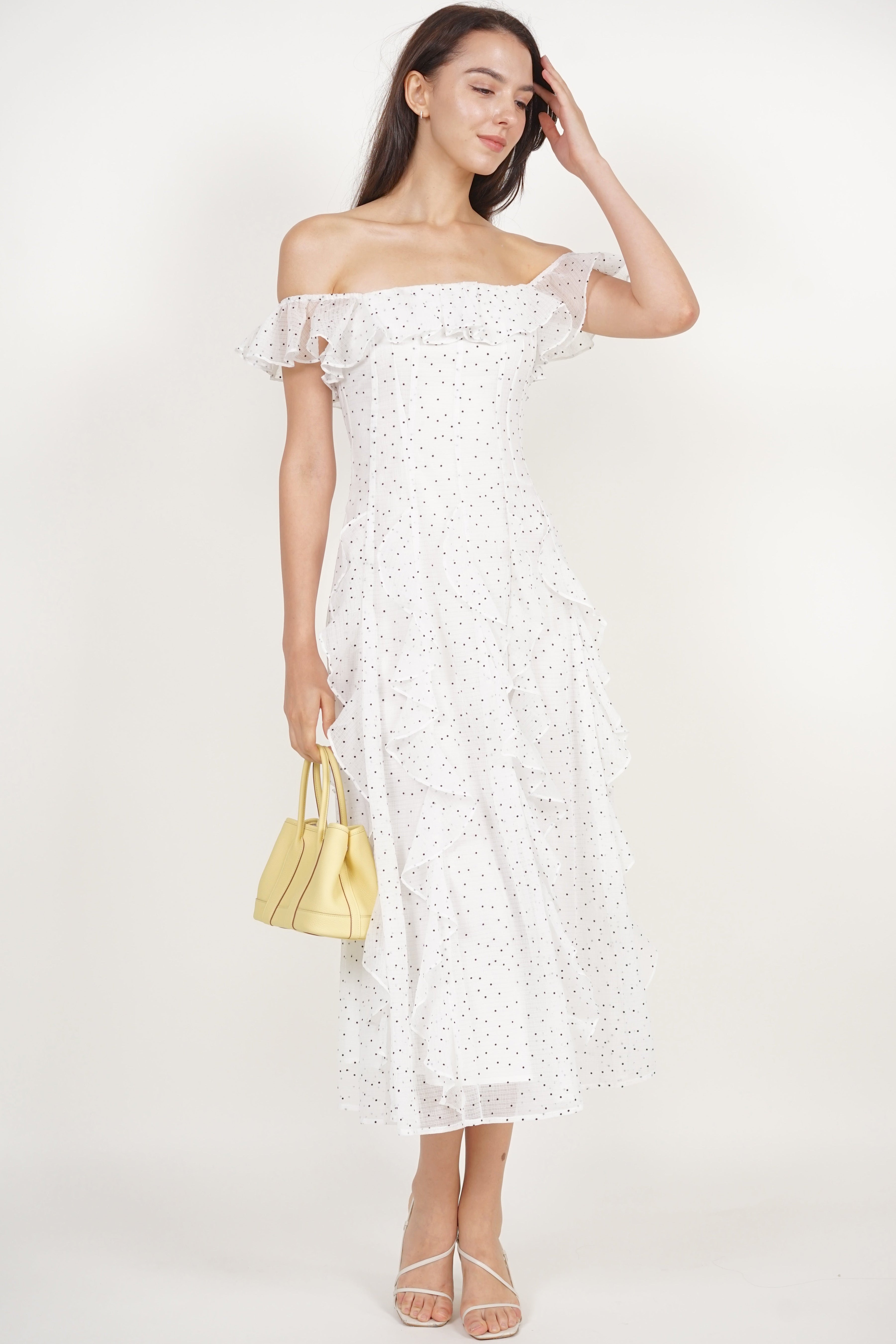 Off-Shoulder Ruffle Dress in White Dots