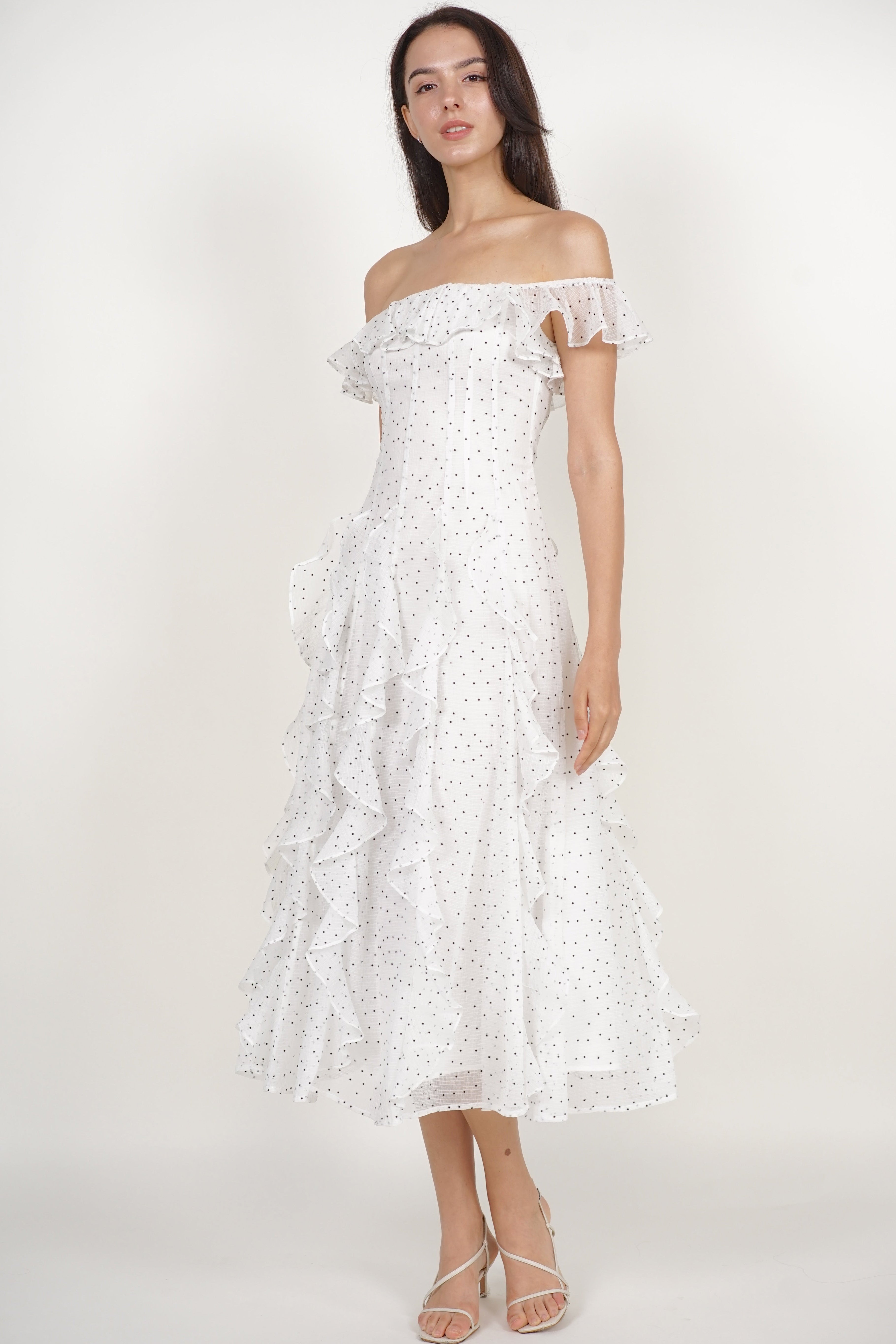 Off-Shoulder Ruffle Dress in White Dots
