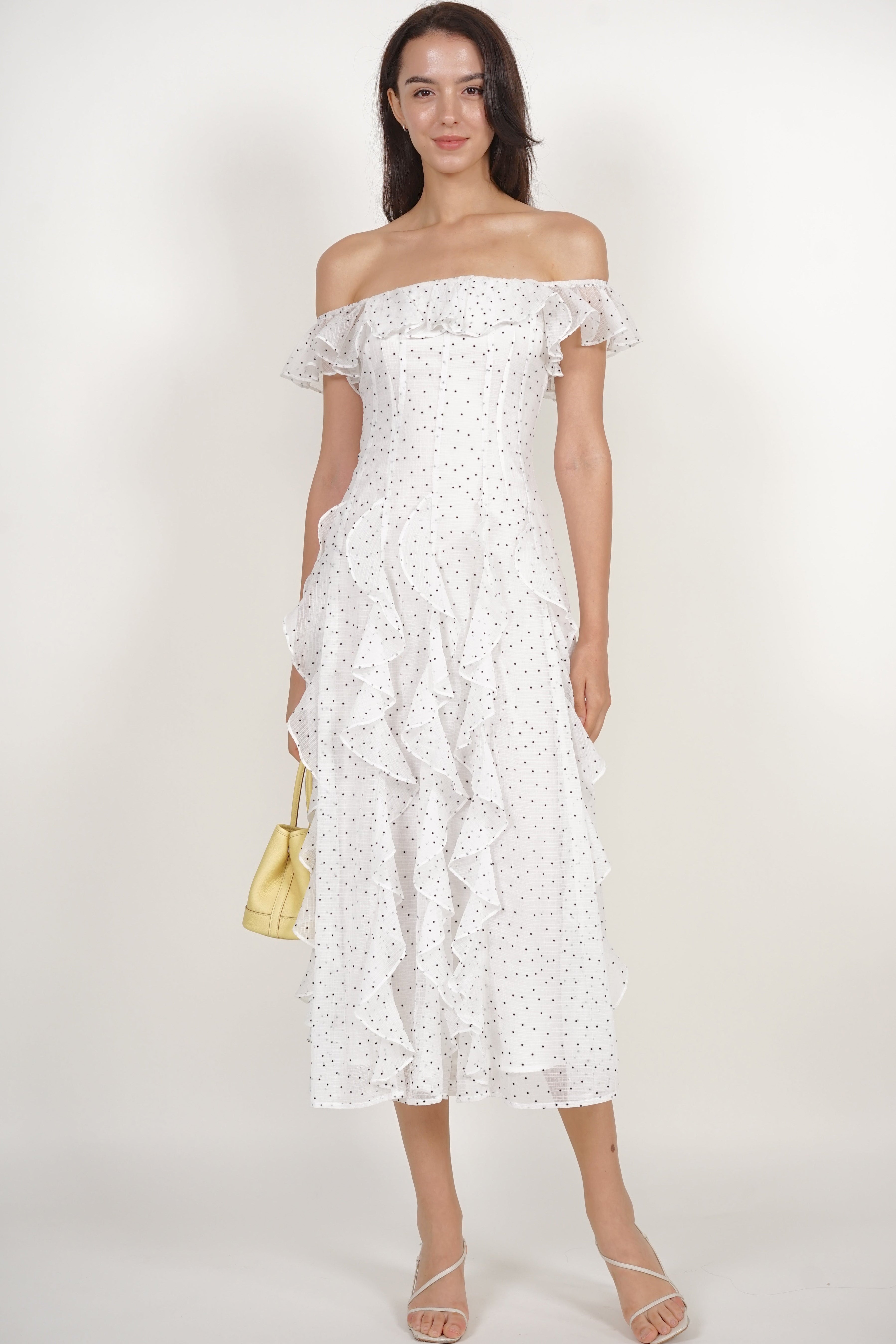 Off-Shoulder Ruffle Dress in White Dots