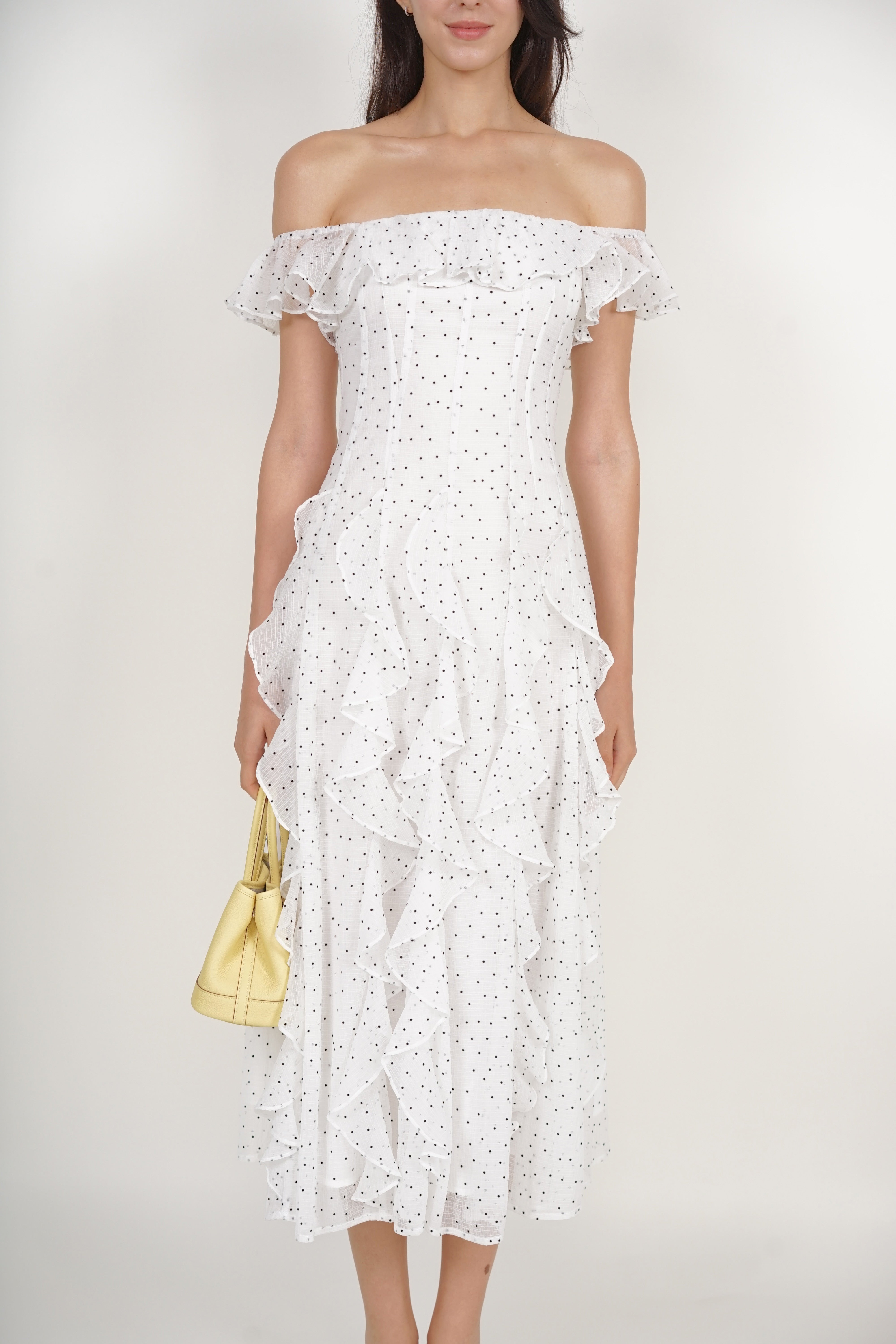 Off-Shoulder Ruffle Dress in White Dots