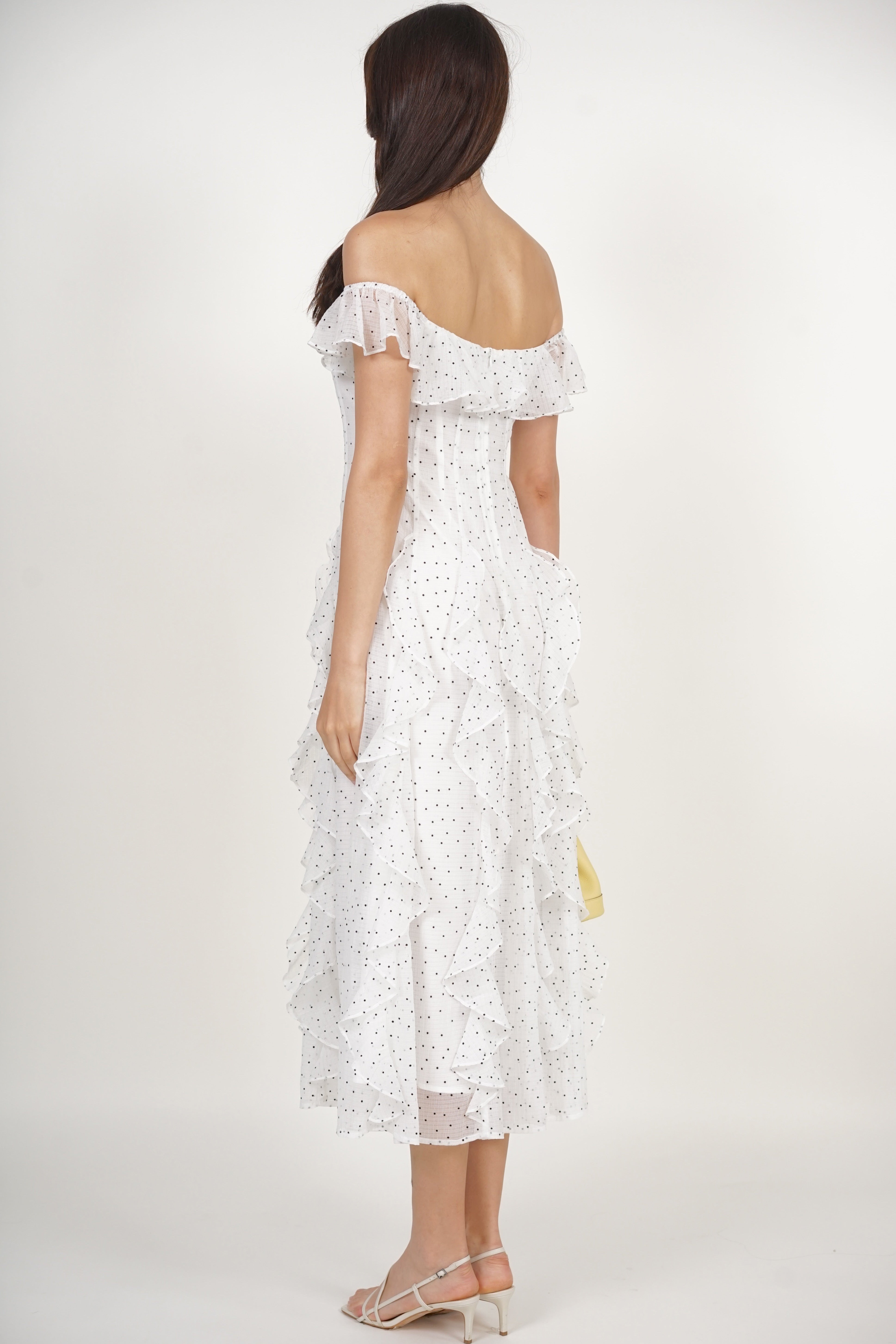 Off-Shoulder Ruffle Dress in White Dots