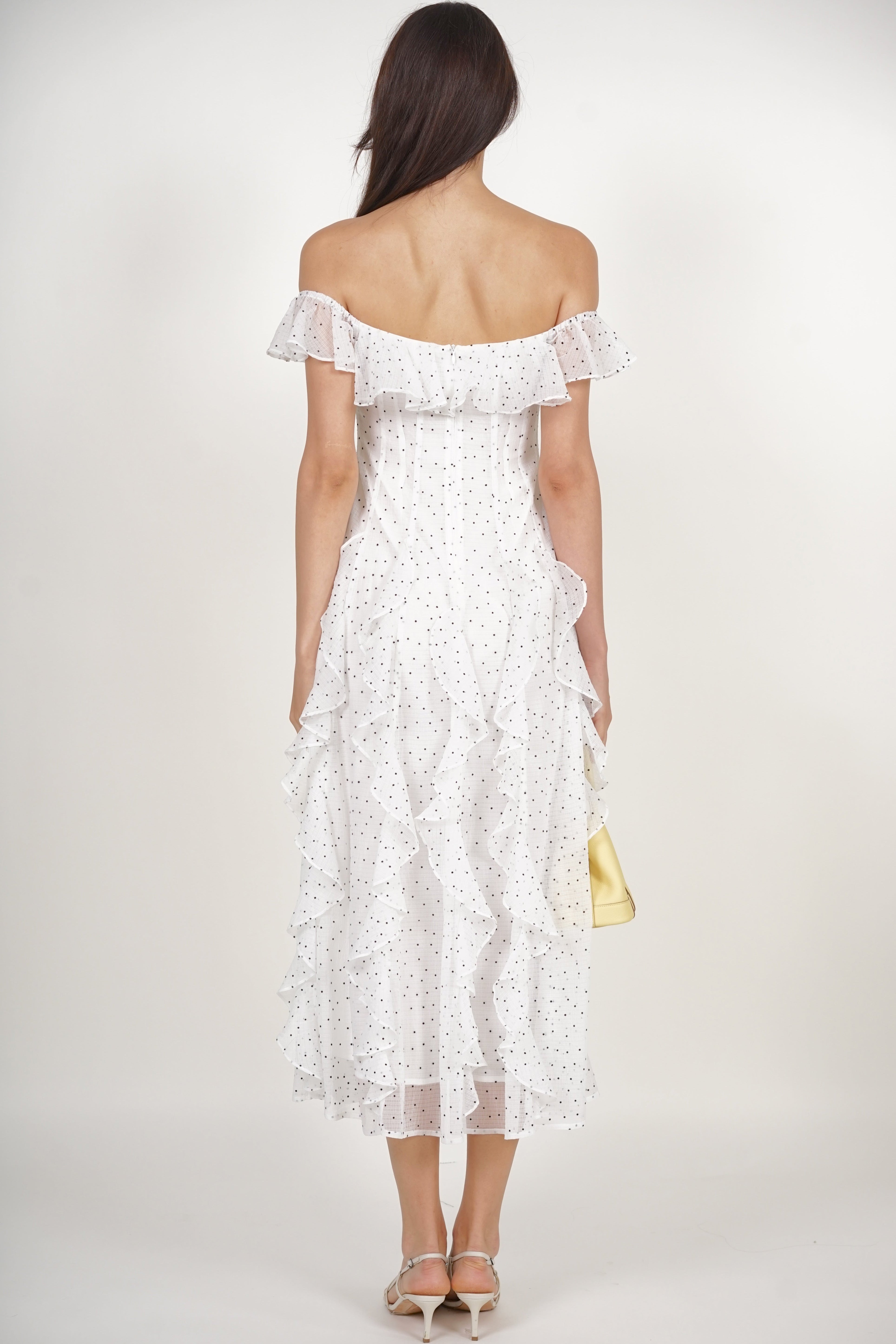 Off-Shoulder Ruffle Dress in White Dots