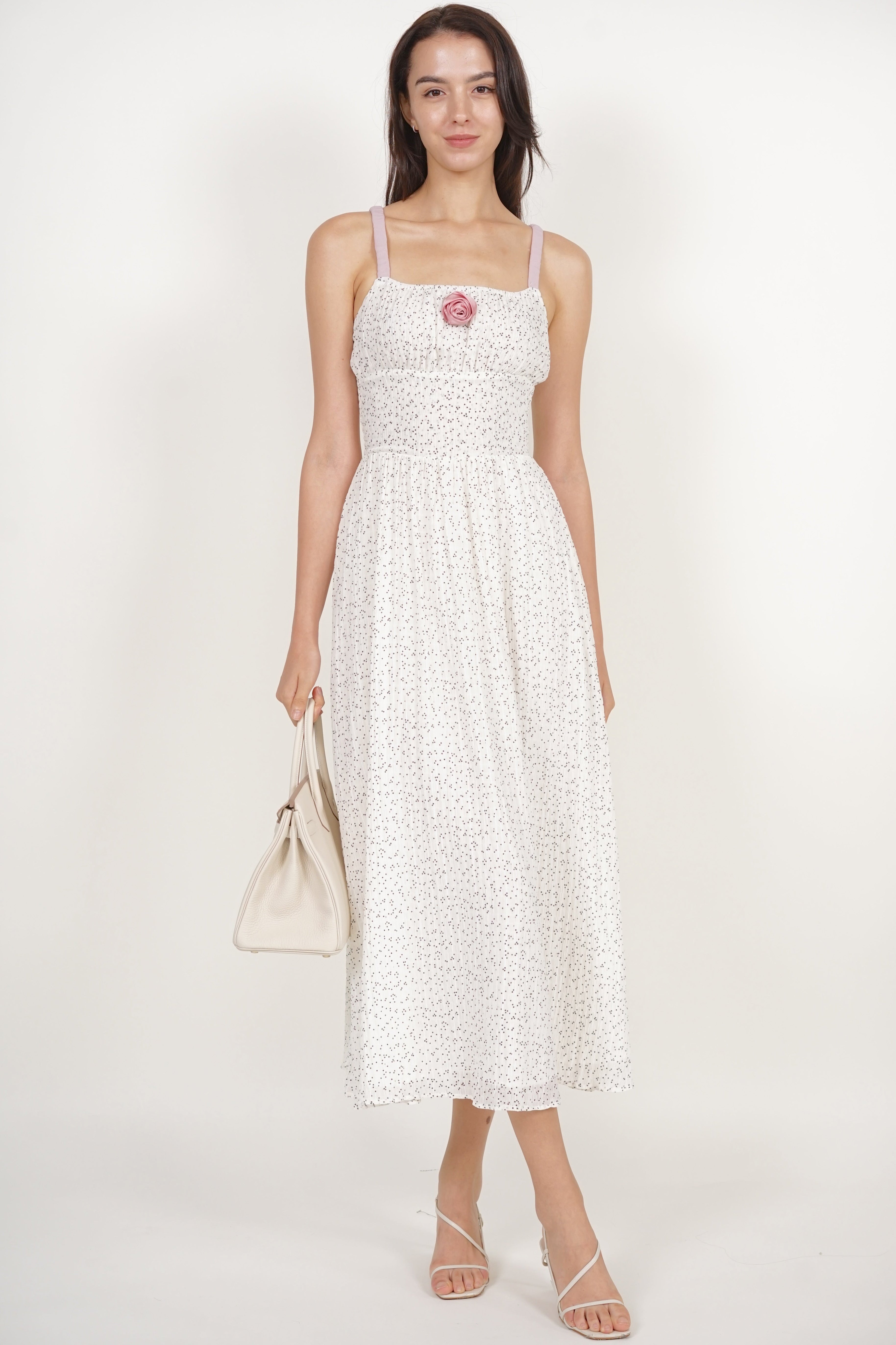 Gathered Waist Dress in White Dots