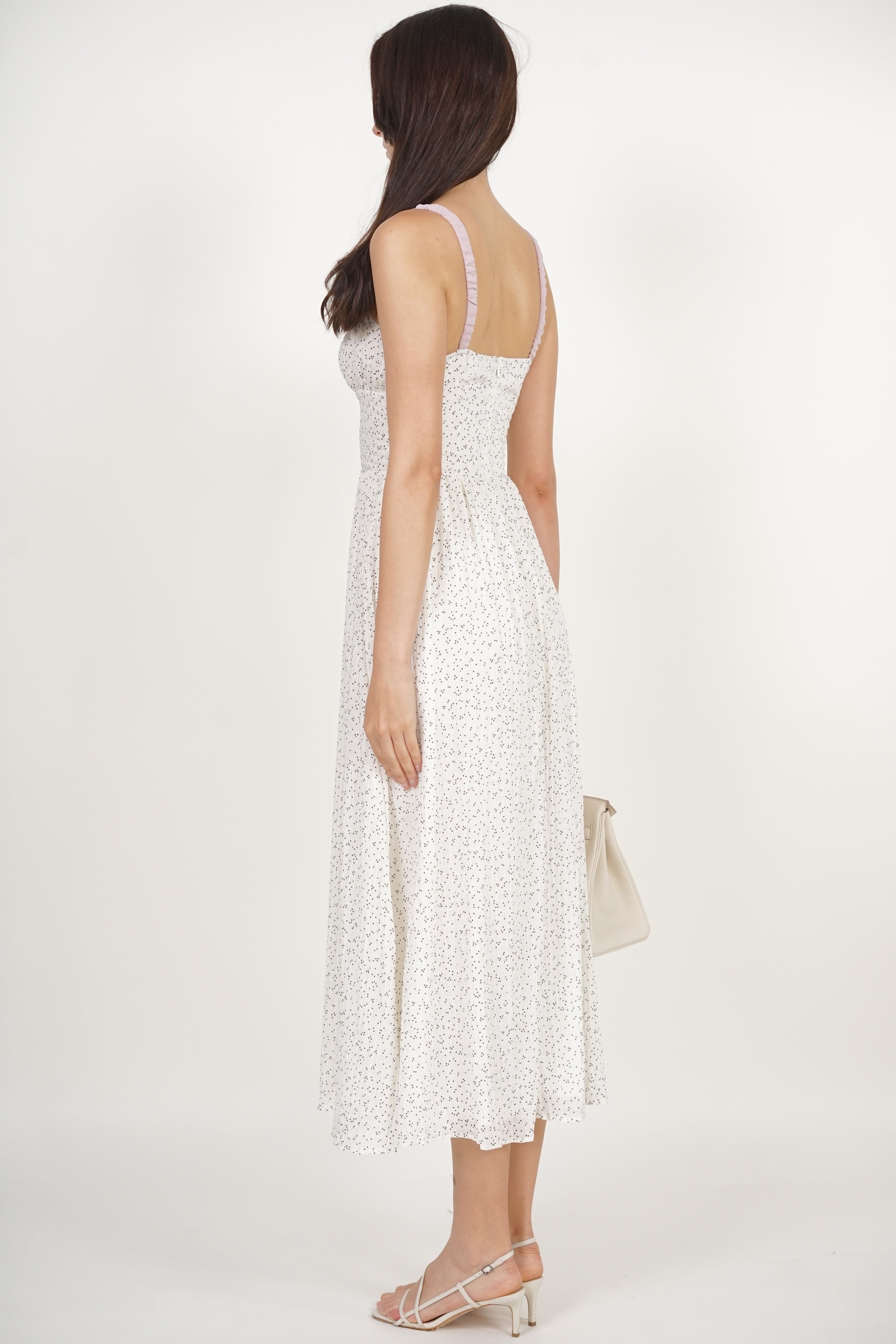 Gathered Waist Dress in White Dots