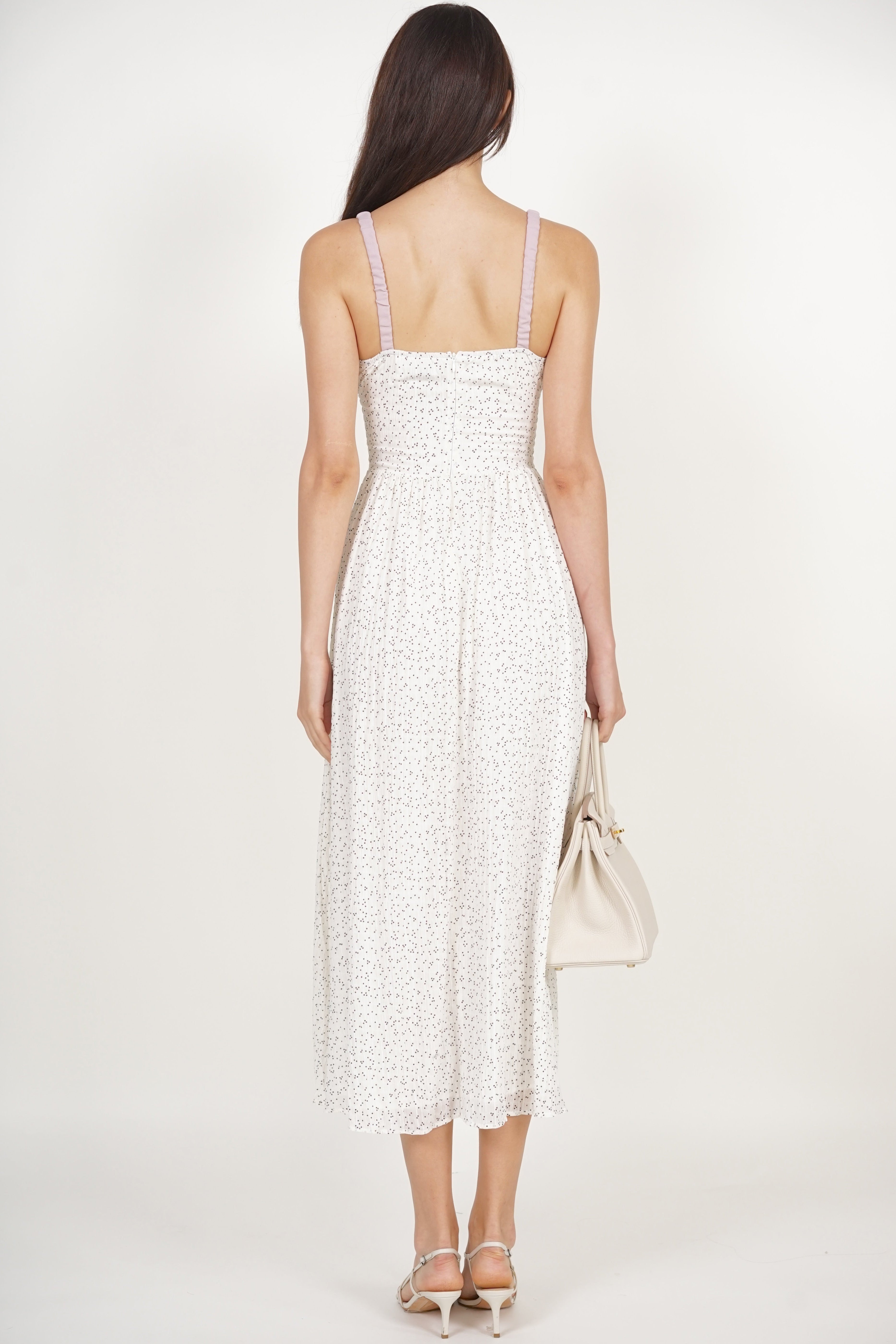 Gathered Waist Dress in White Dots