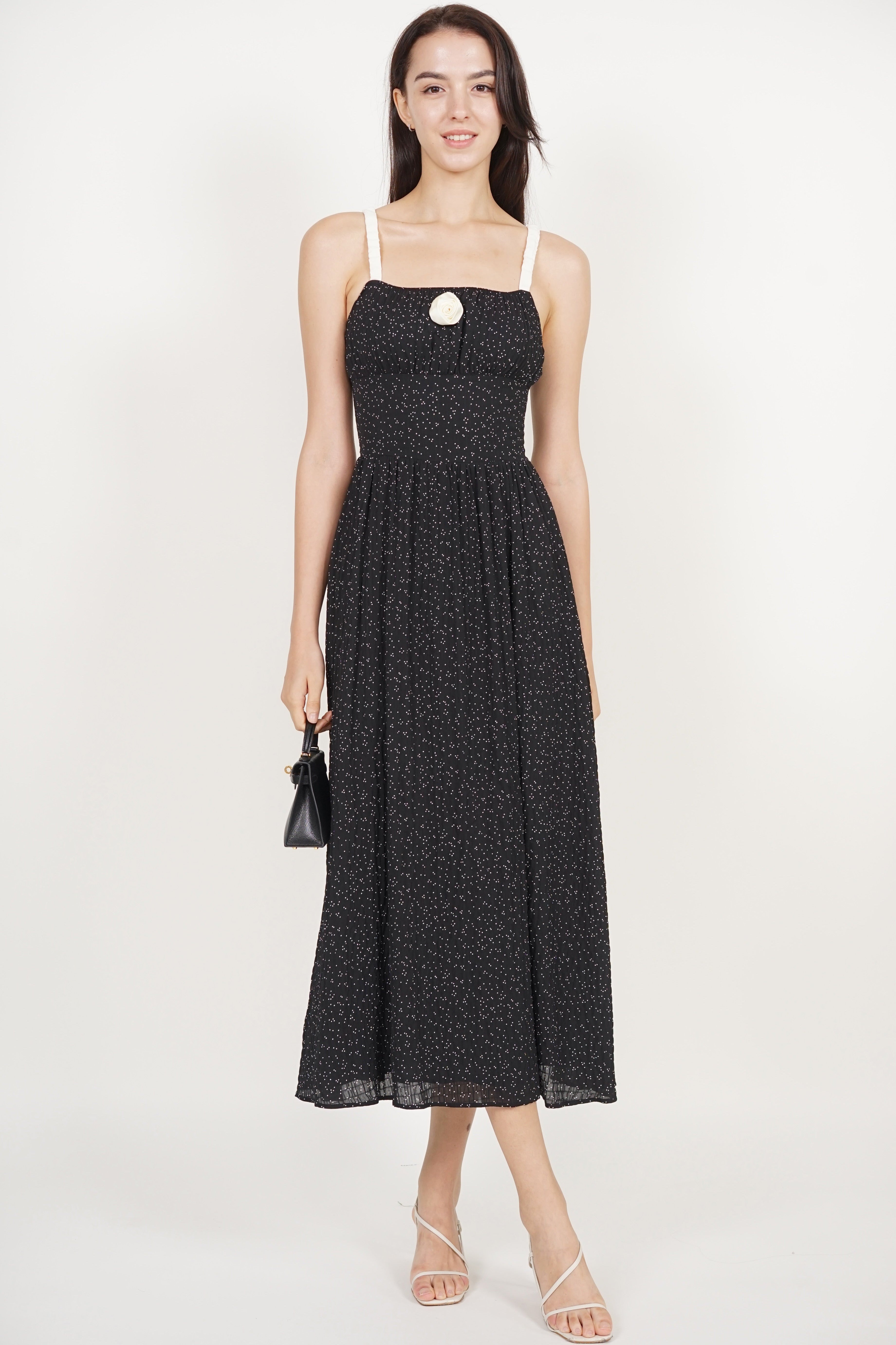 Gathered Waist Dress in Black Dots