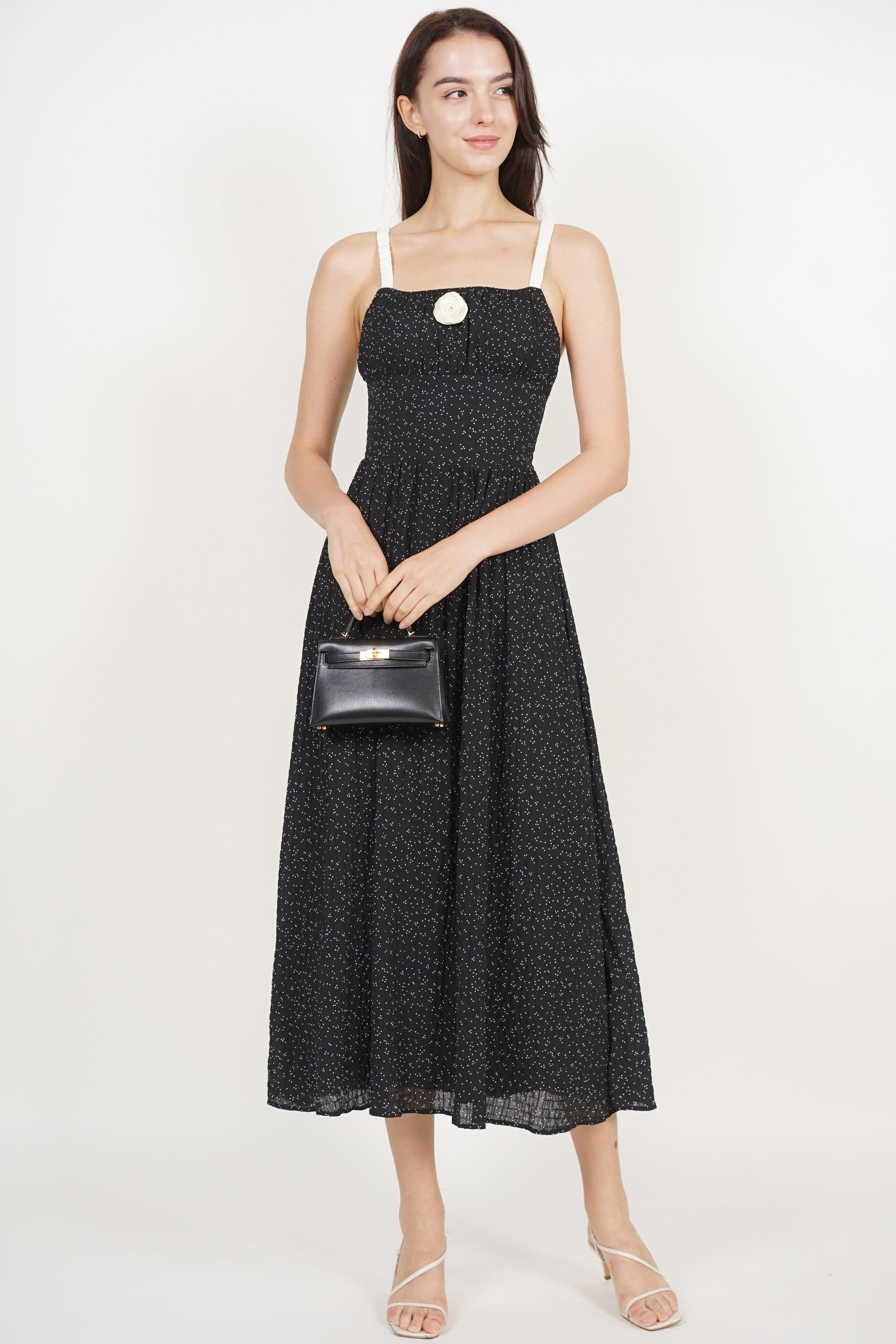 Gathered Waist Dress in Black Dots