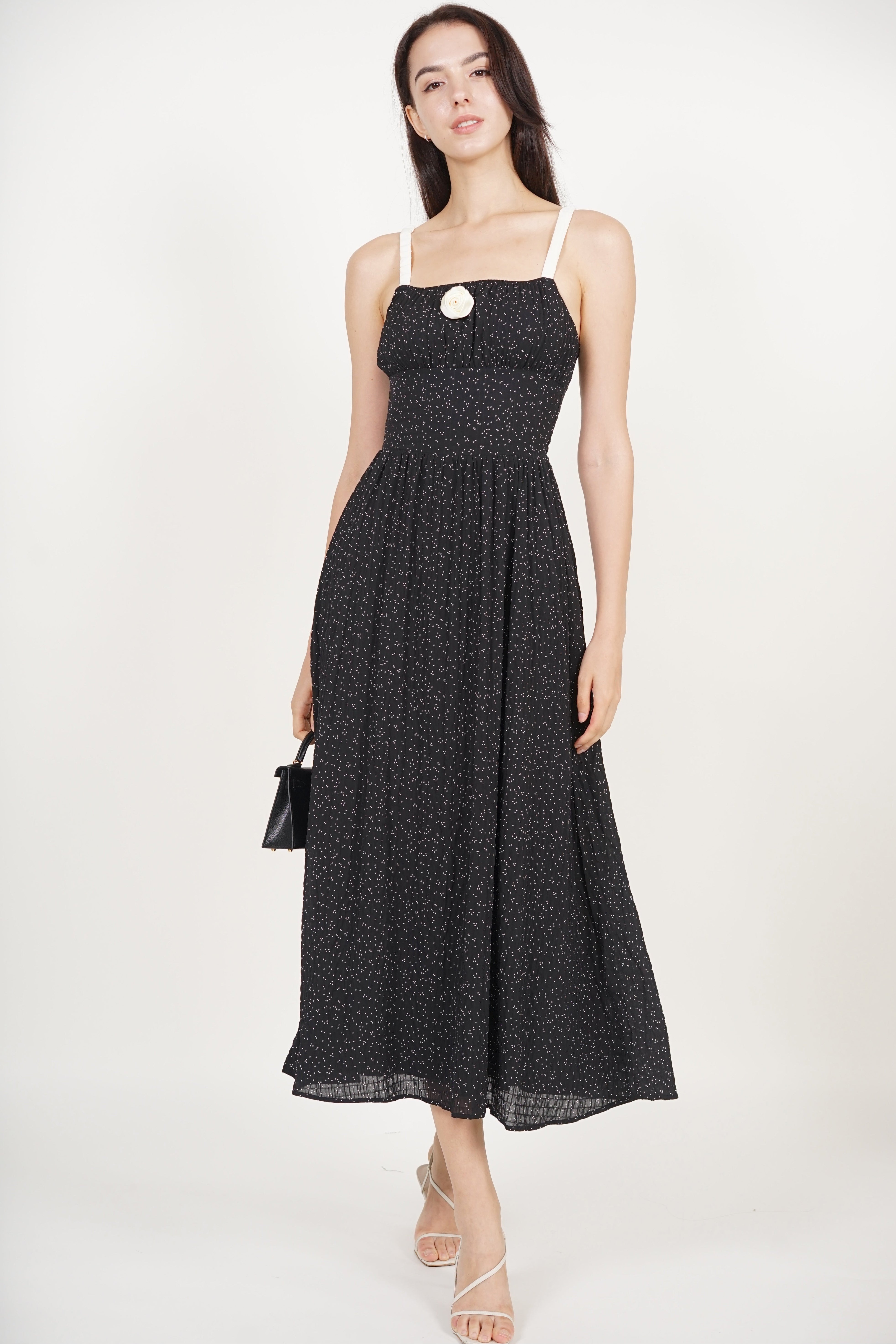 Gathered Waist Dress in Black Dots