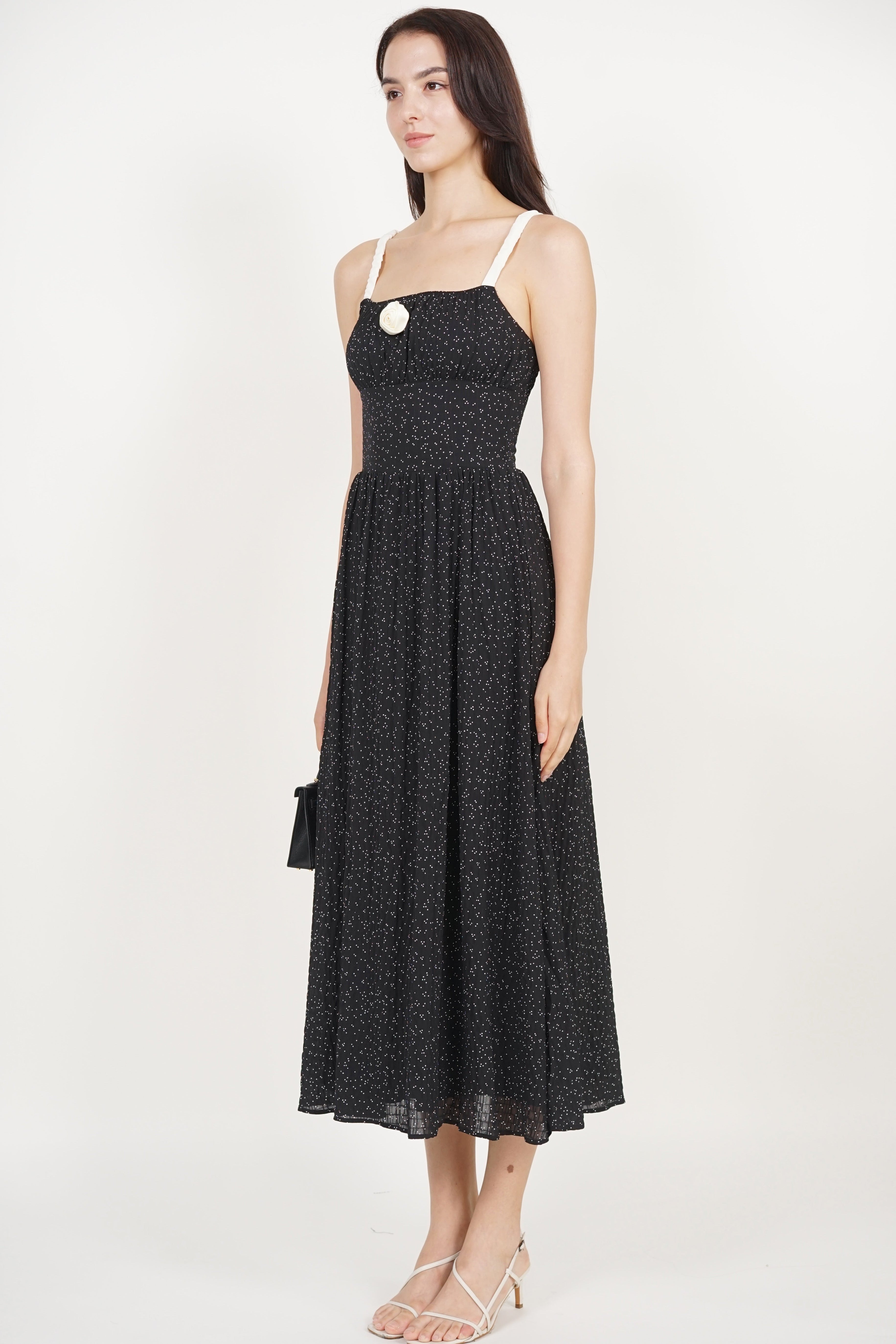 Gathered Waist Dress in Black Dots
