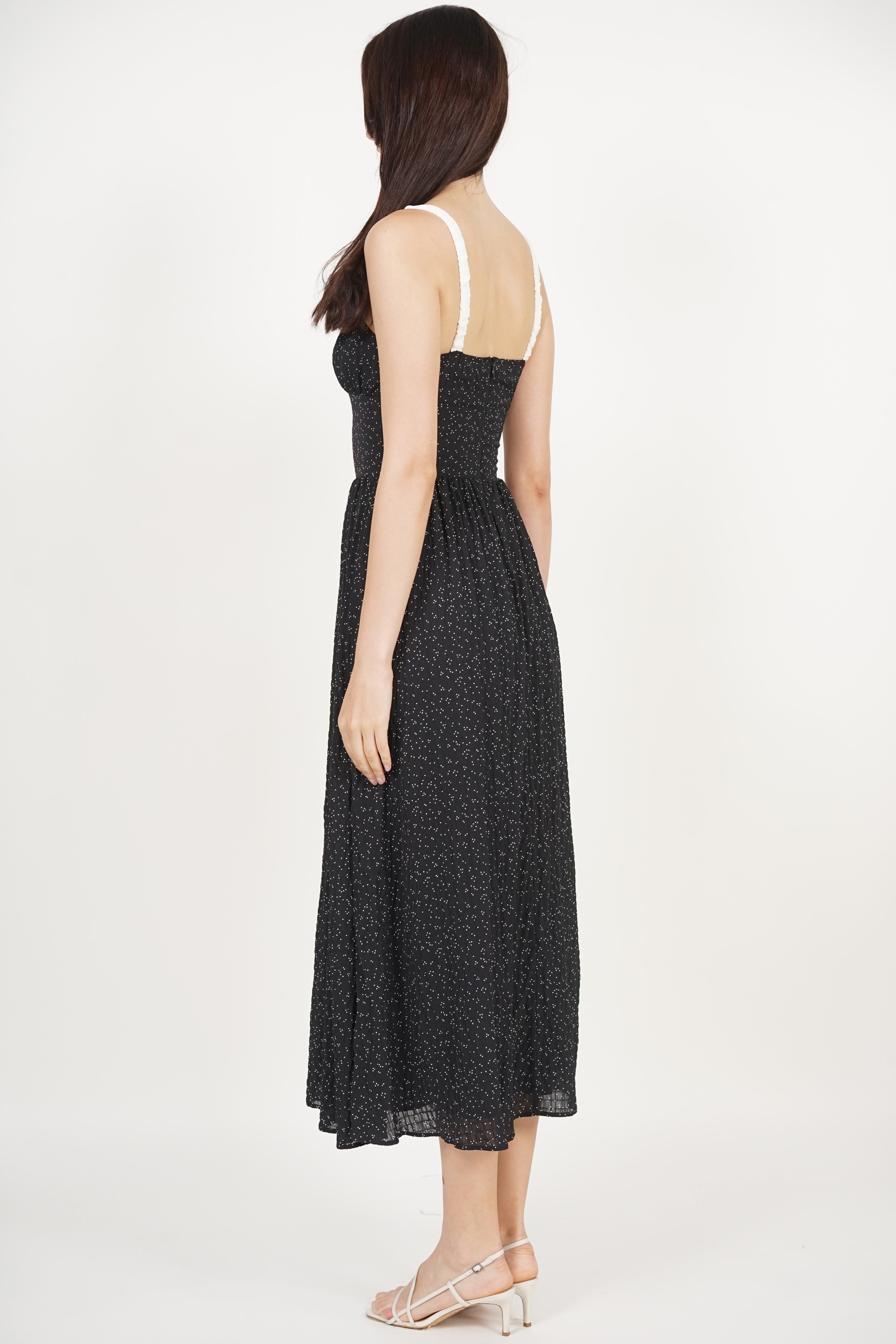 Gathered Waist Dress in Black Dots