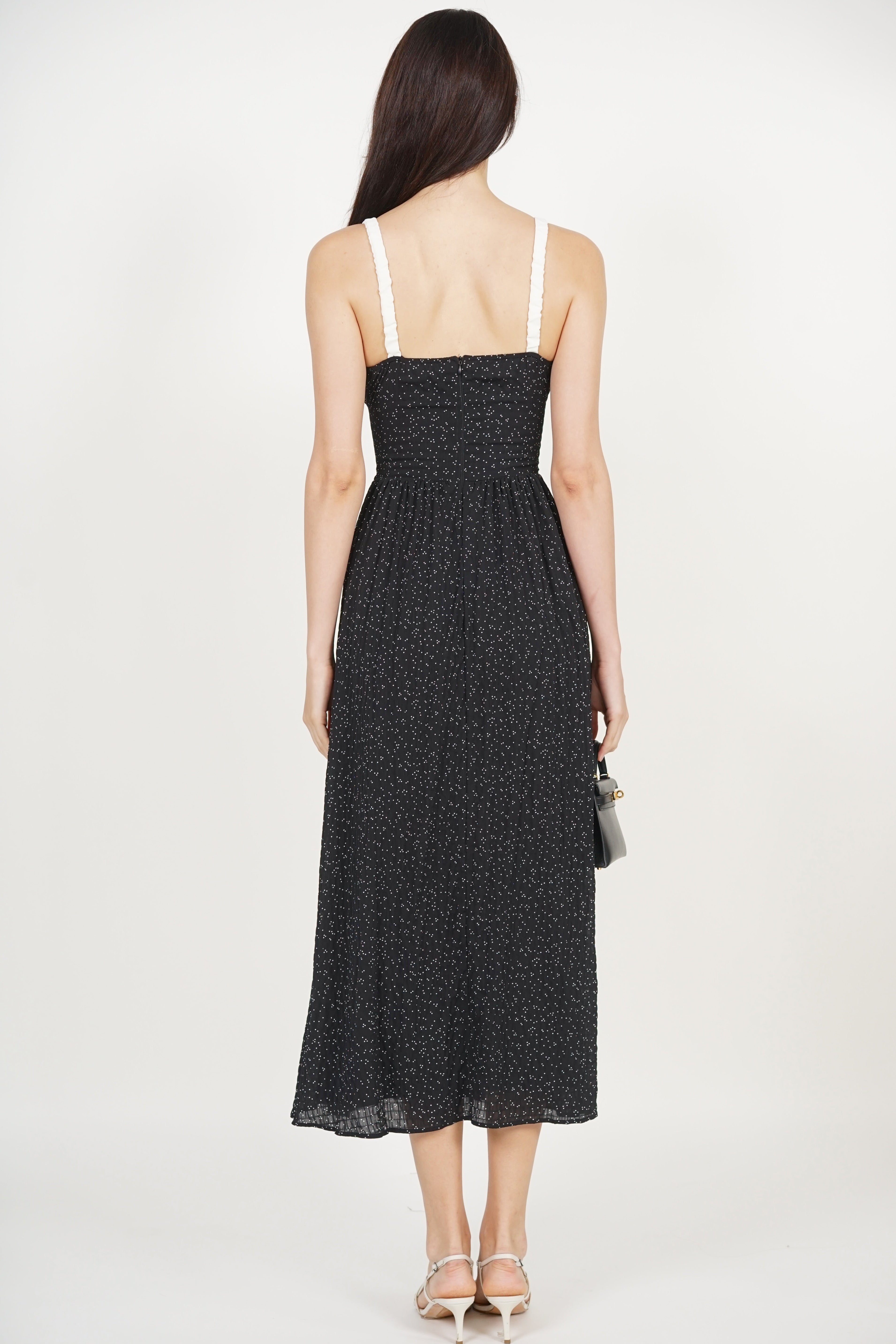 Gathered Waist Dress in Black Dots