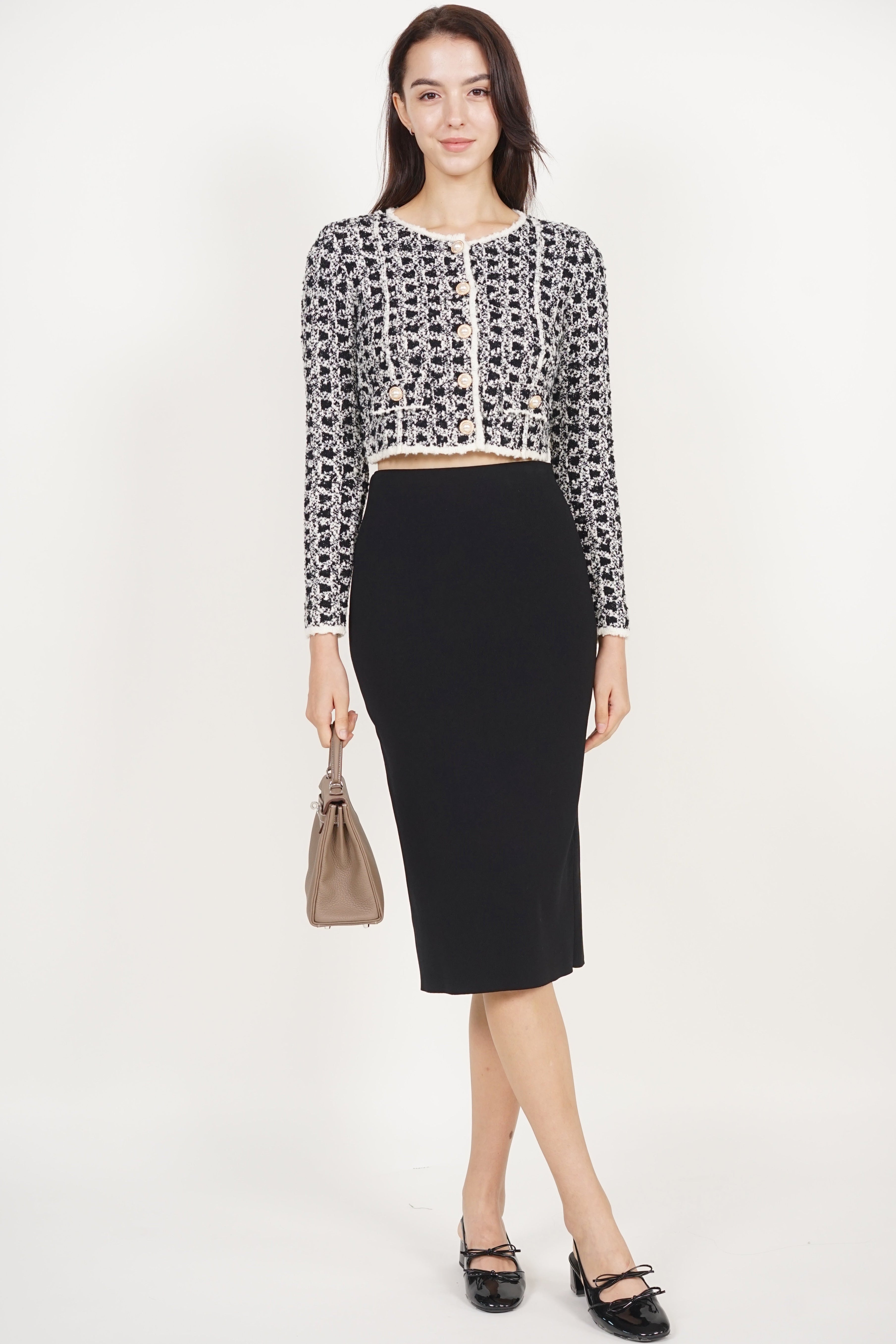 Pearl Button Knit Jacket in Black White