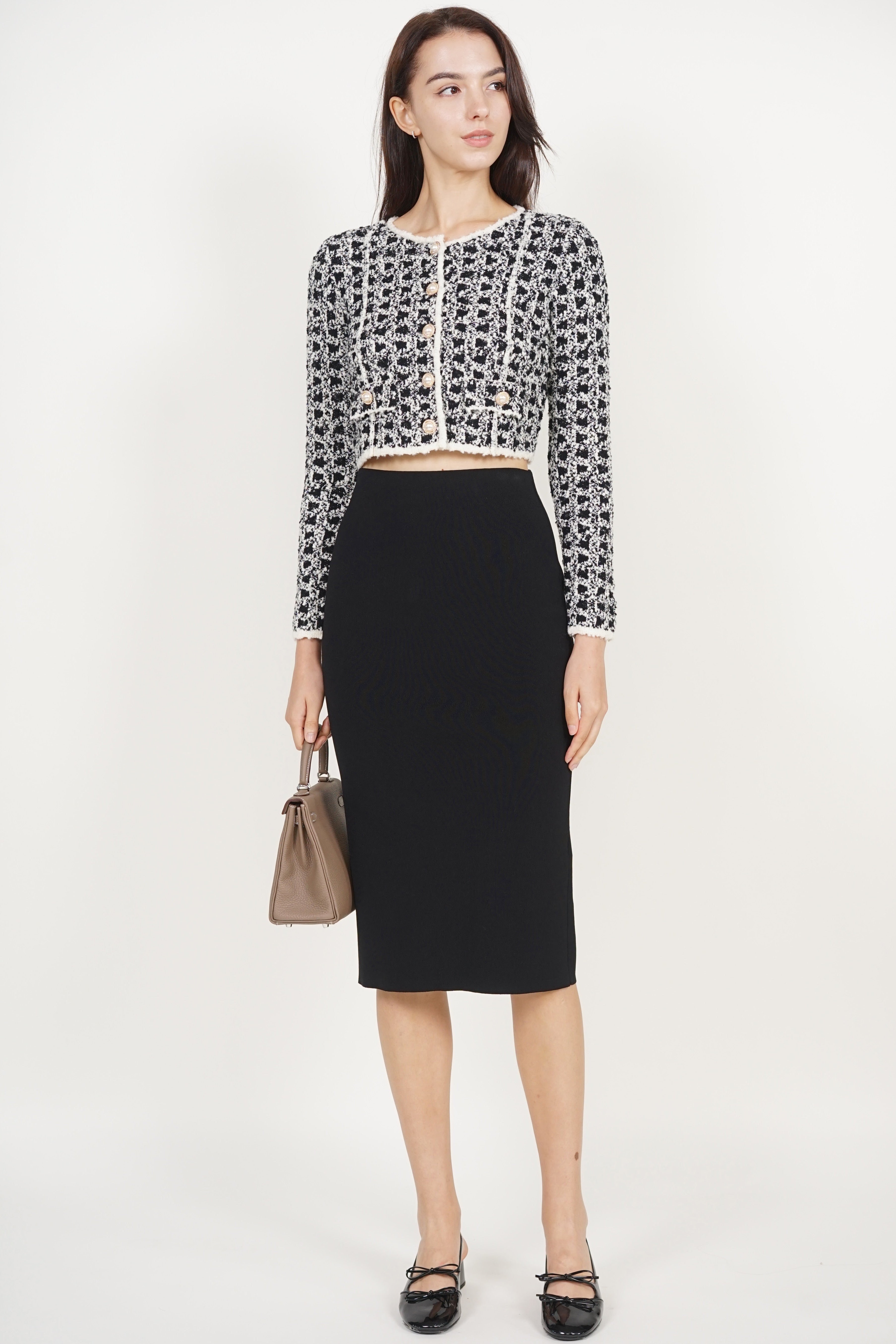 Pearl Button Knit Jacket in Black White