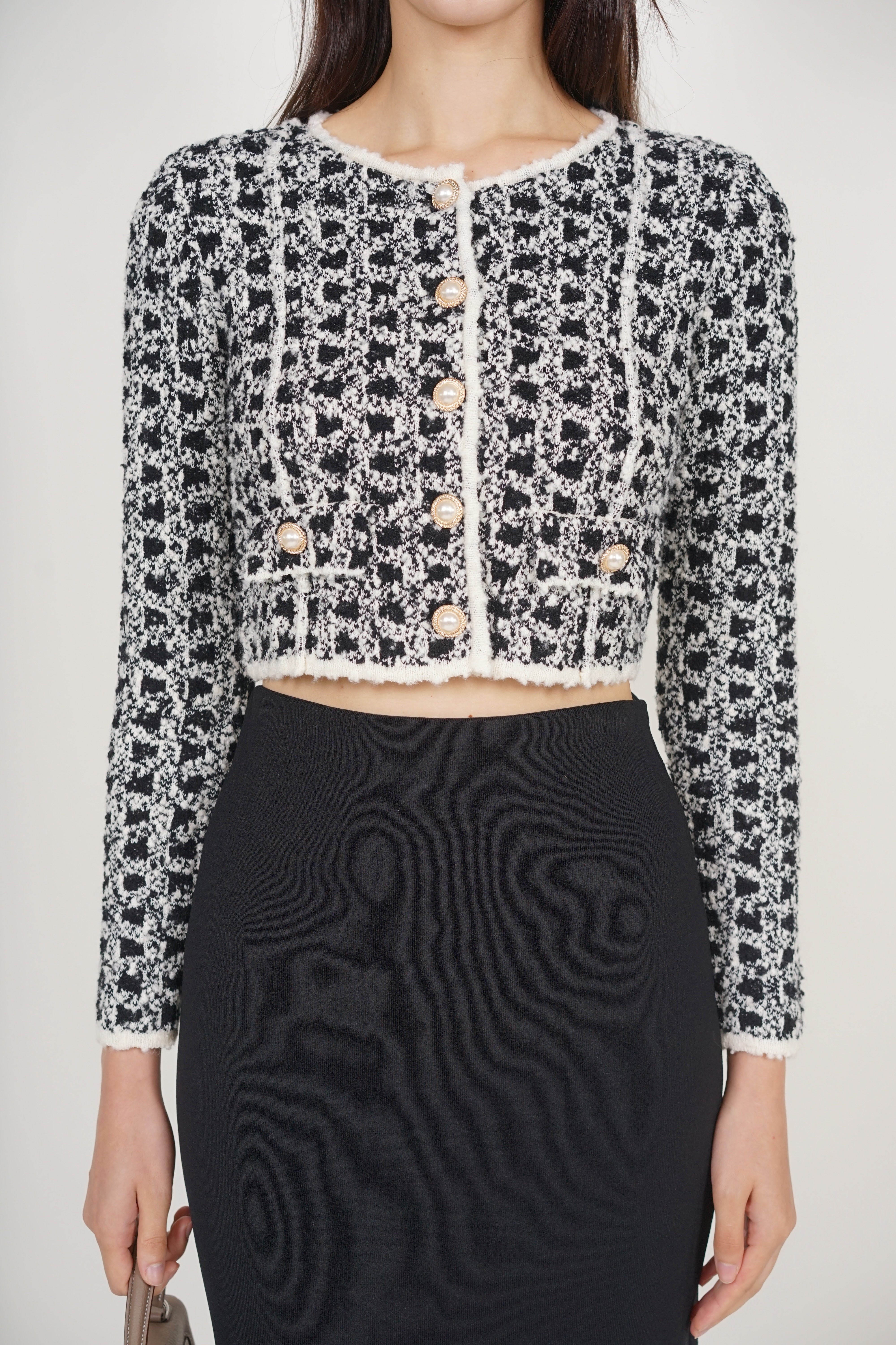 Pearl Button Knit Jacket in Black White