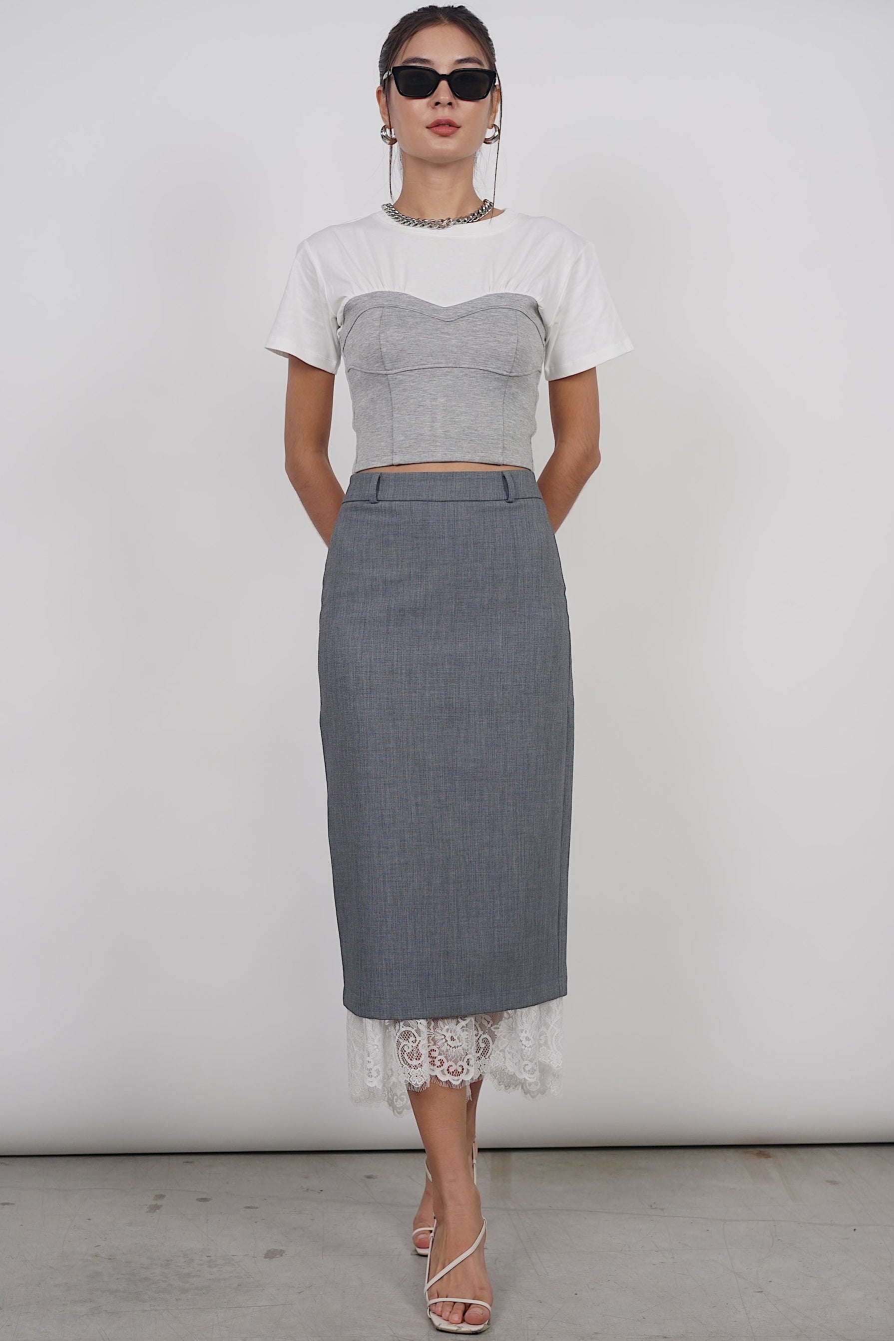 Short Sleeve Bustier Top in White Grey