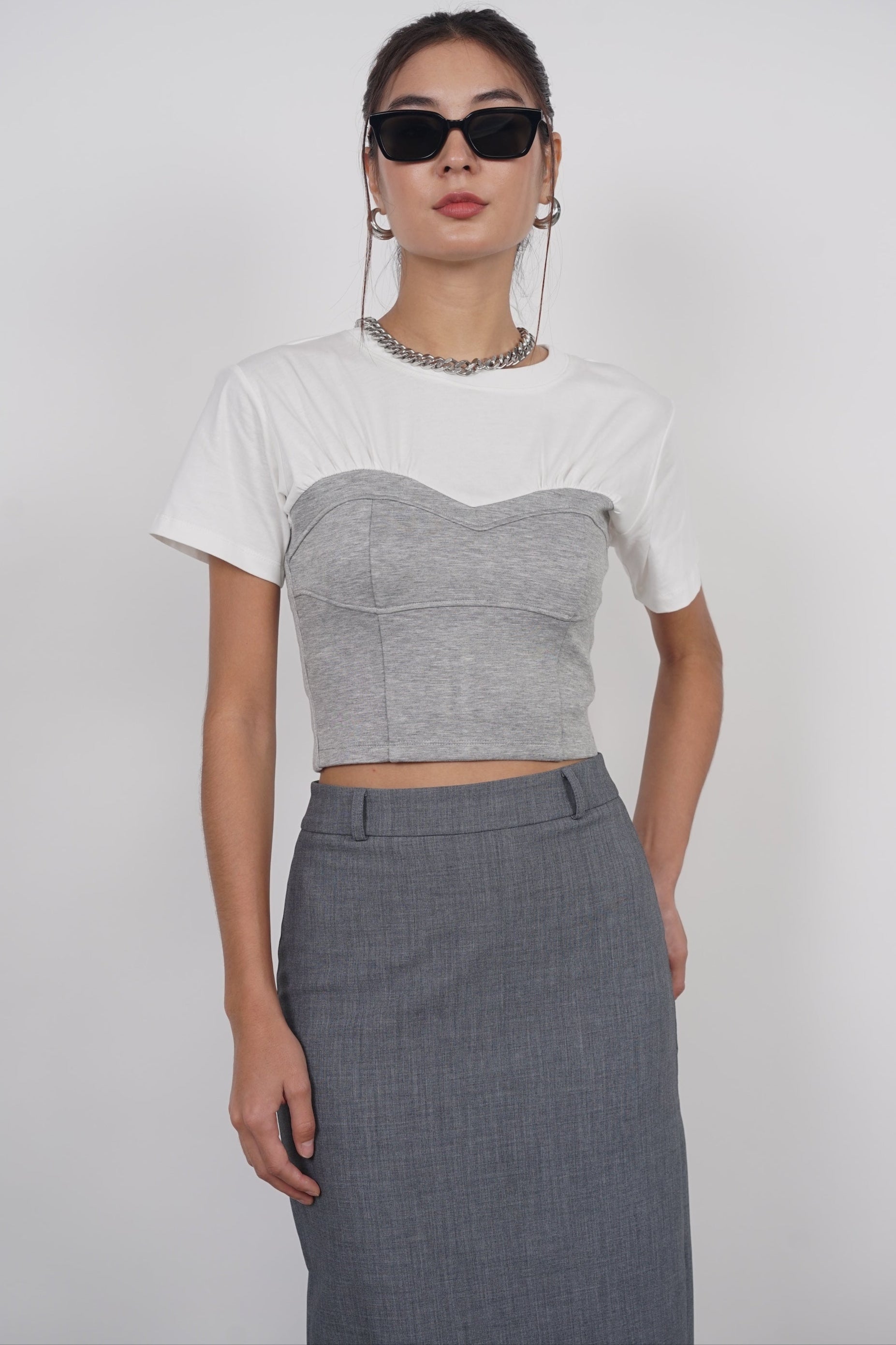 Short Sleeve Bustier Top in White Grey