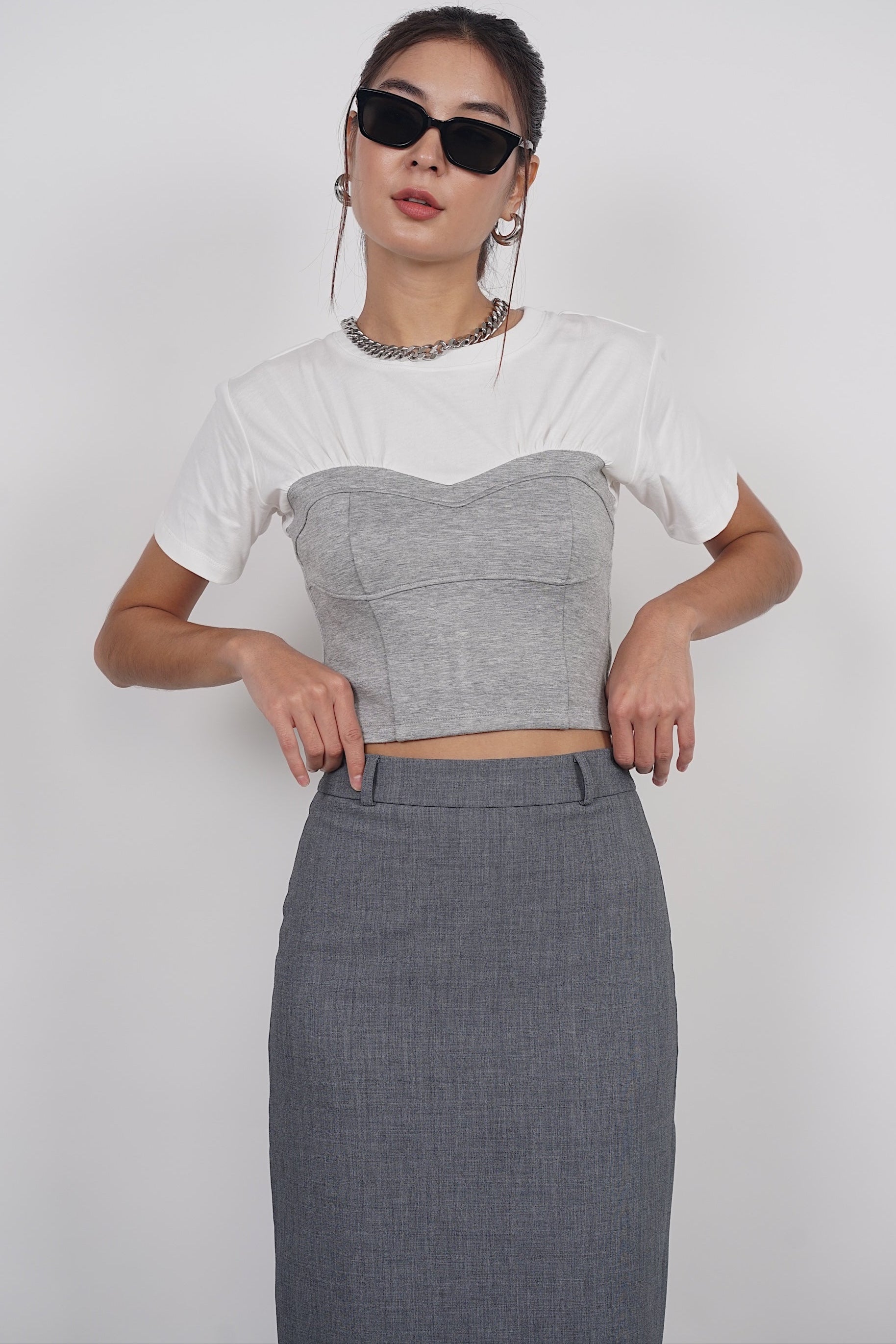Short Sleeve Bustier Top in White Grey