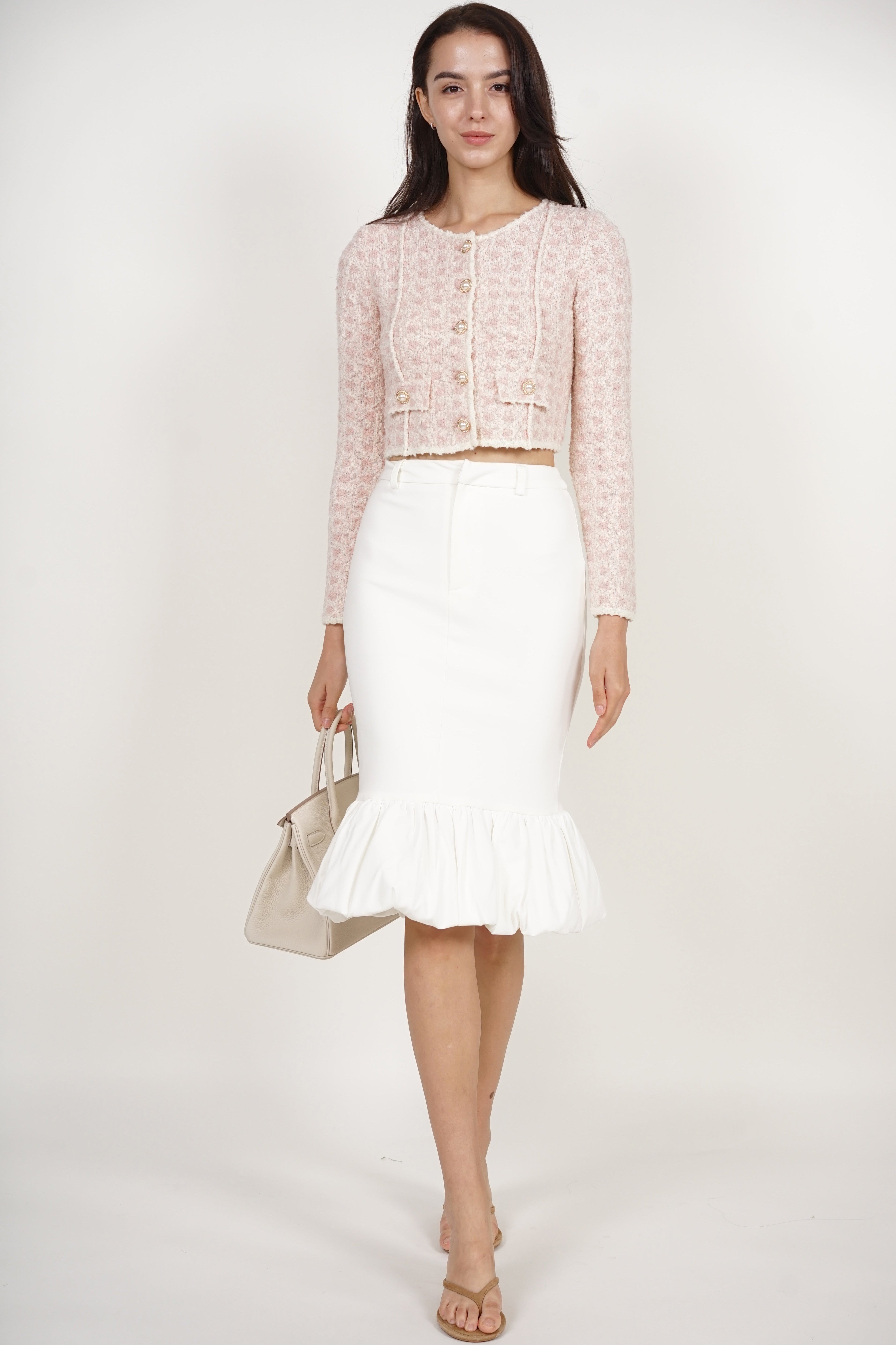 Pearl Button Knit Jacket in Pink White
