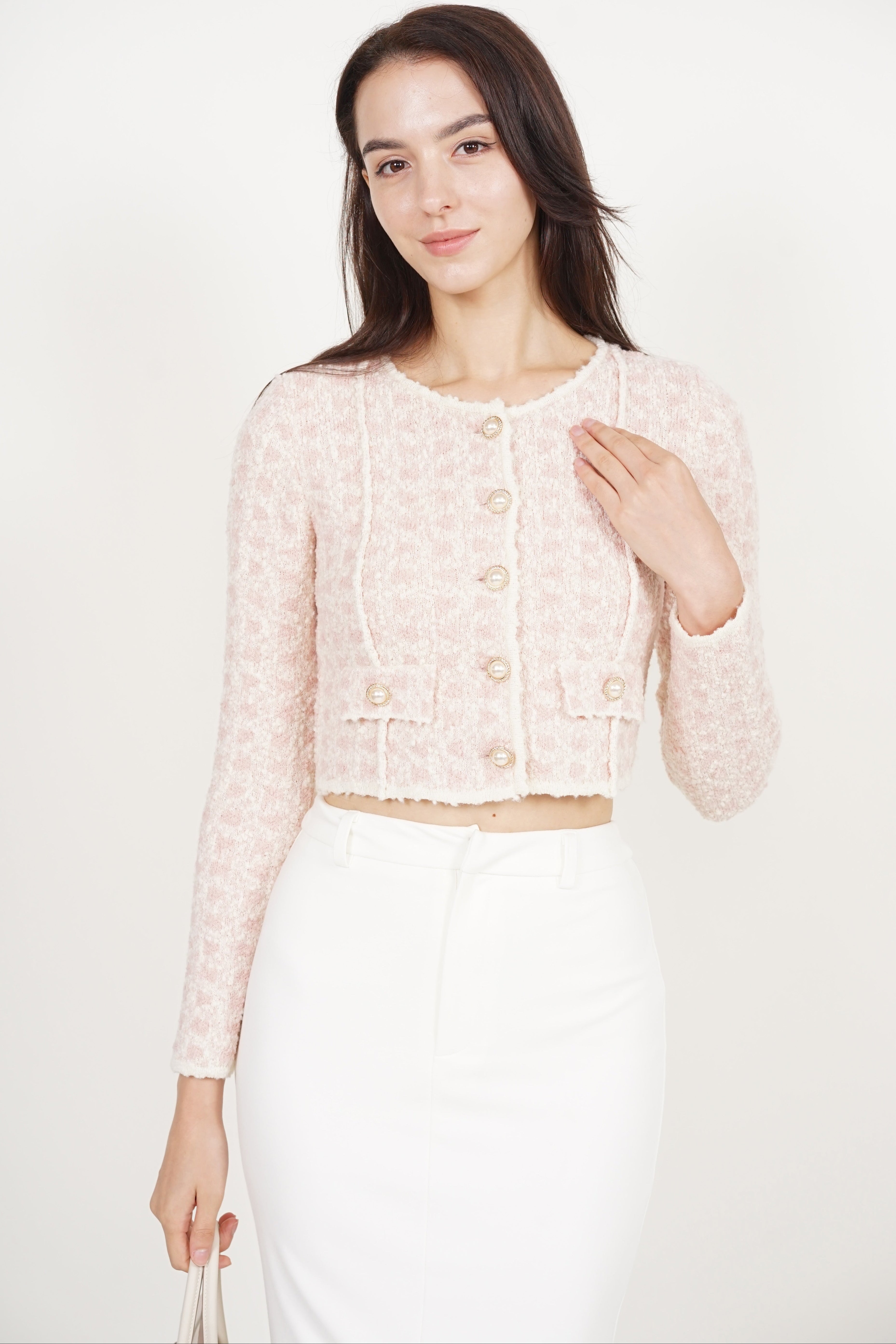 Pearl Button Knit Jacket in Pink White