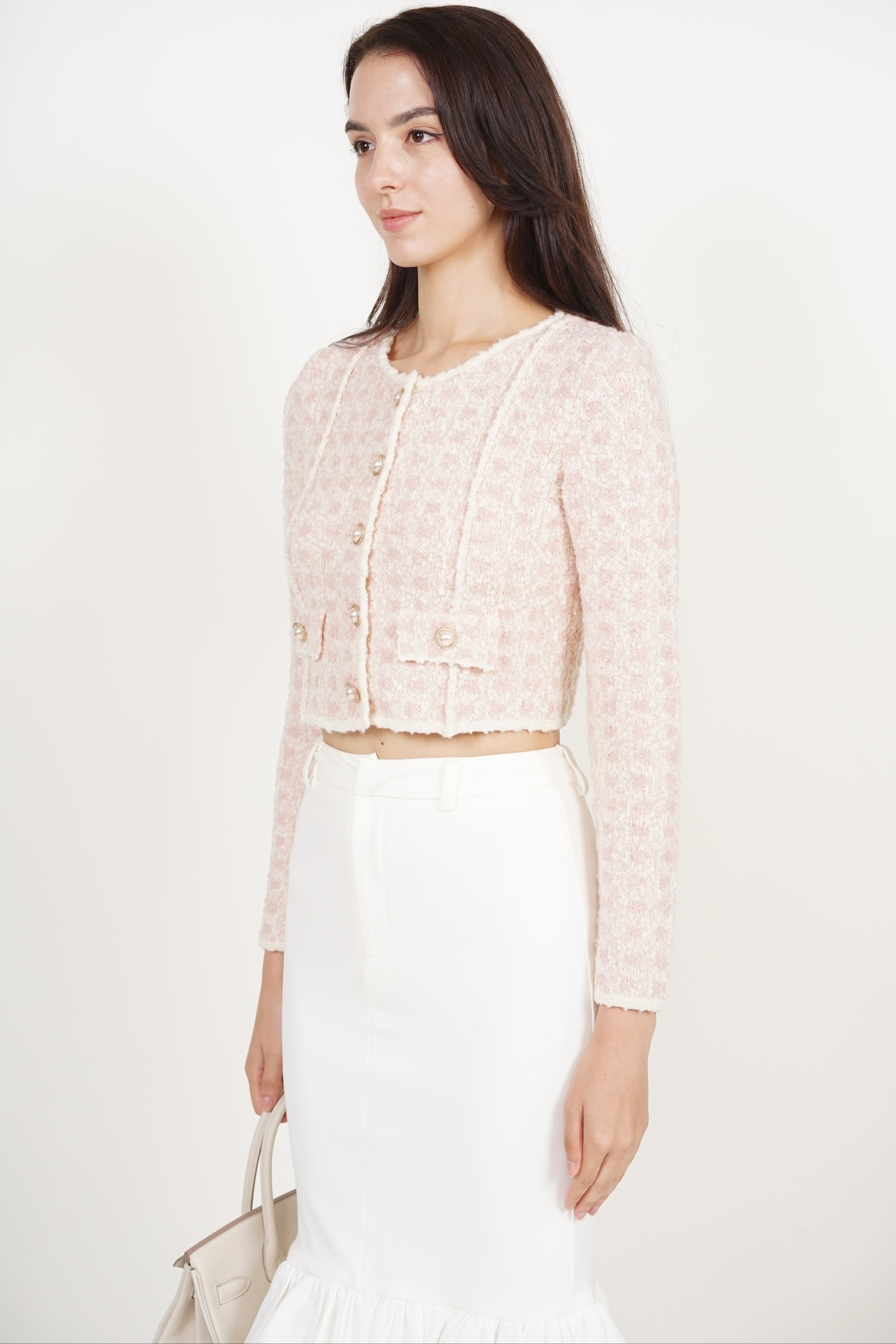 Pearl Button Knit Jacket in Pink White