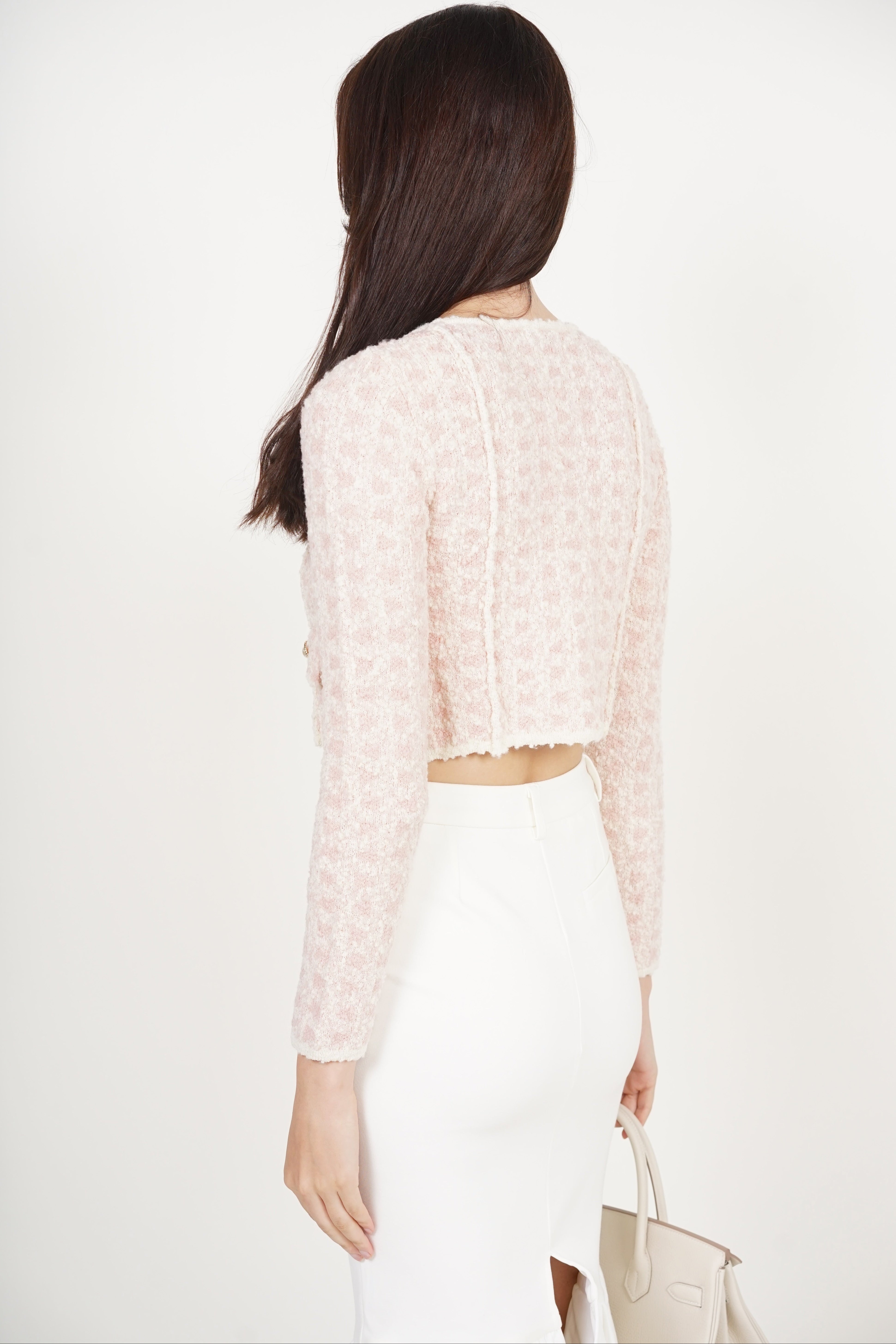 Pearl Button Knit Jacket in Pink White