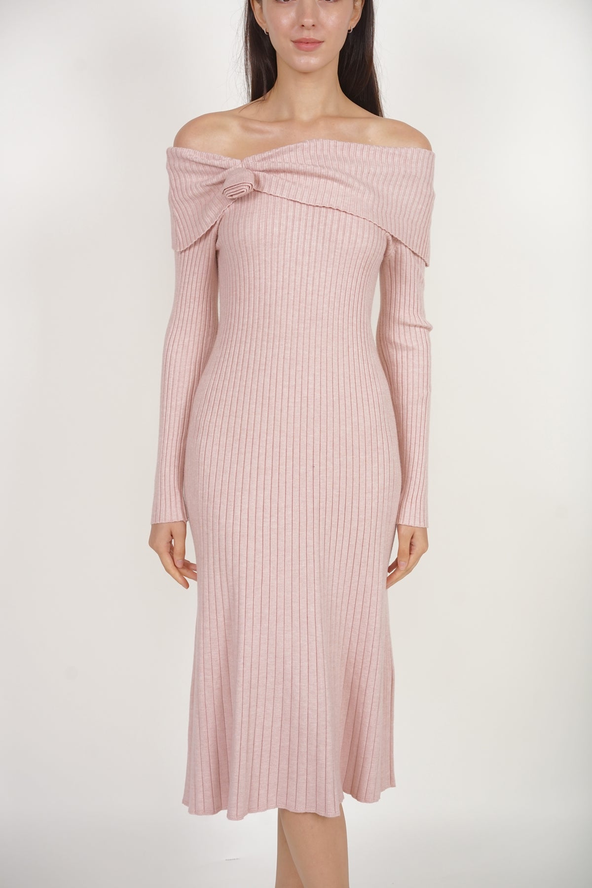 pink knit off the shoulder dress Off-shoulder Long Sleeve in Nude st.stitched