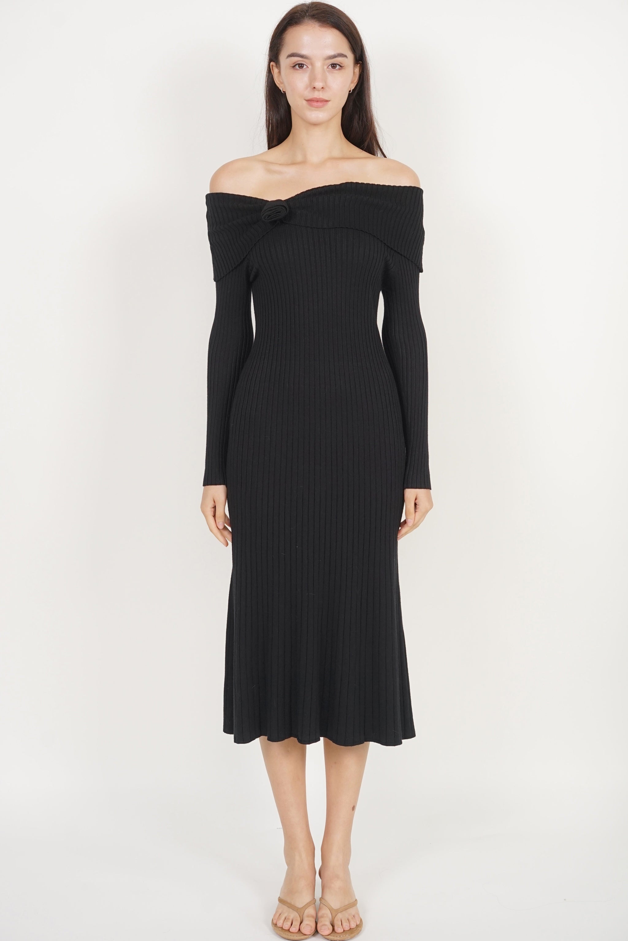 Off-shoulder Long Sleeve Knit Dress in Black