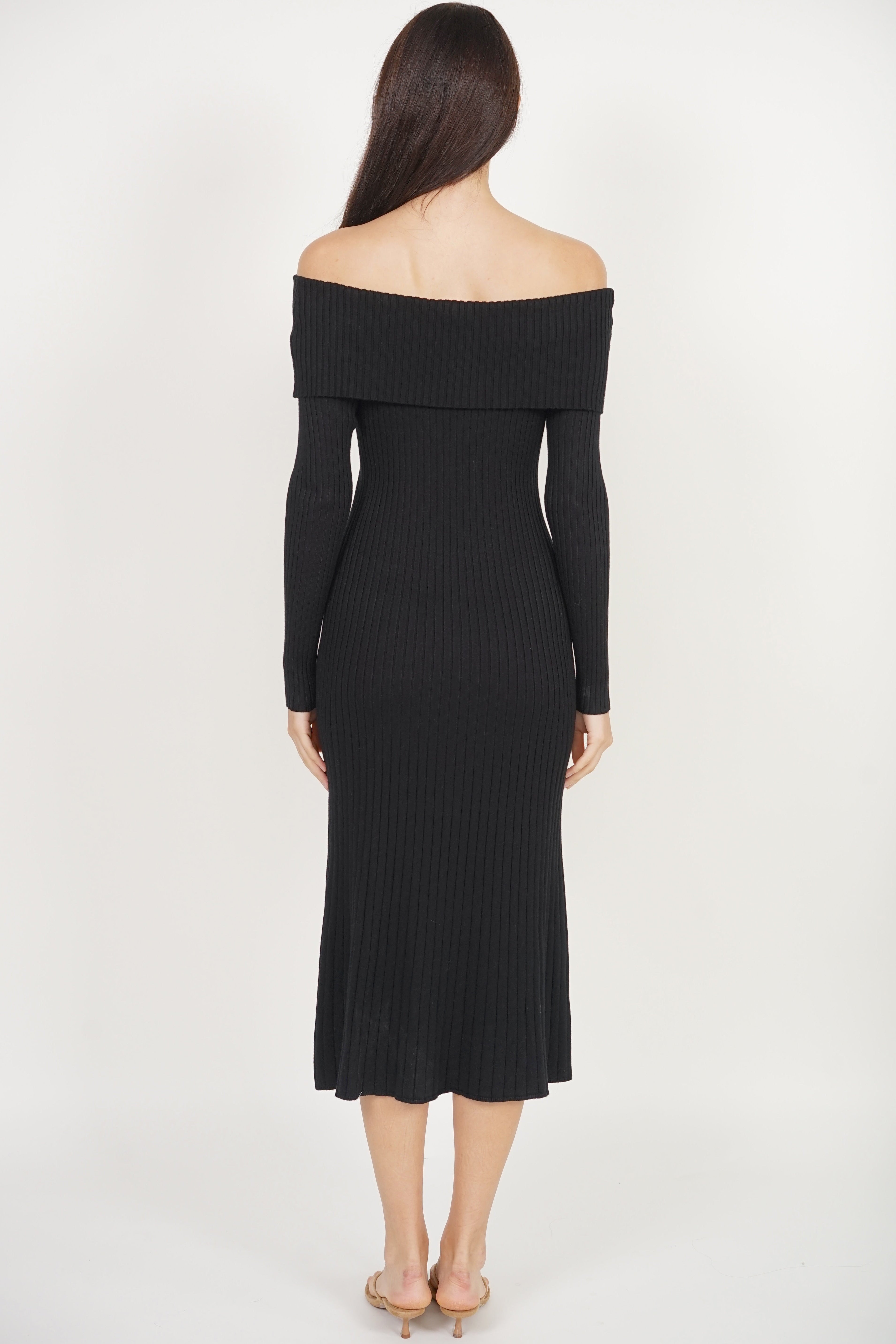 Off-shoulder Long Sleeve Knit Dress in Black