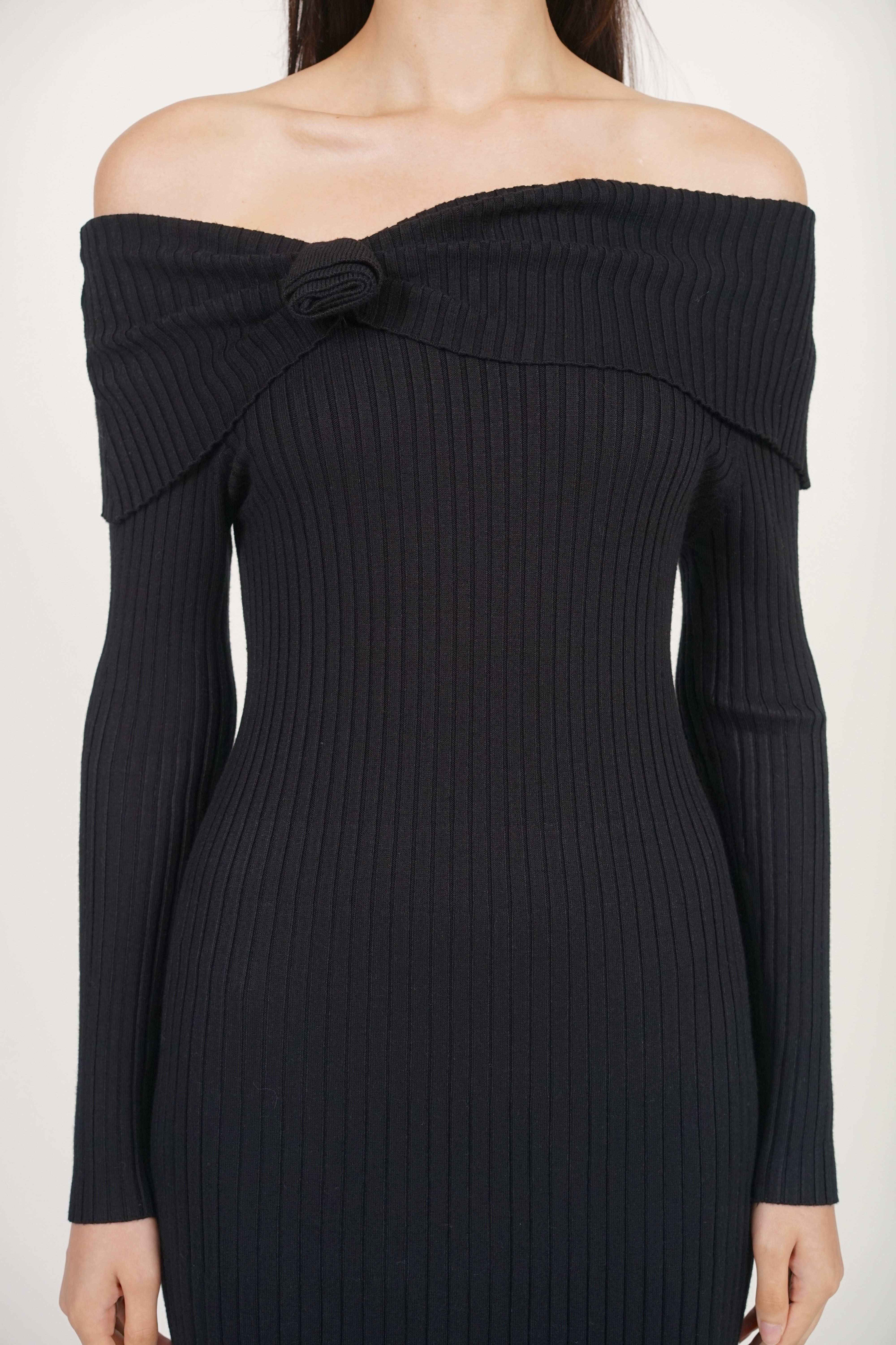 Off-shoulder Long Sleeve Knit Dress in Black