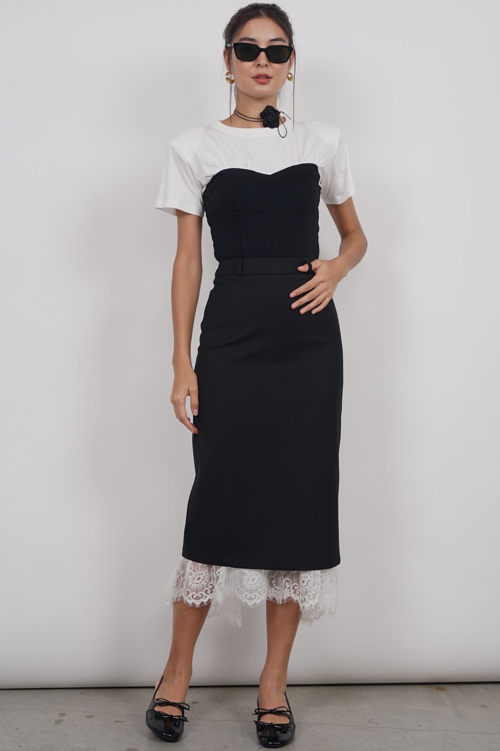Short Sleeve Bustier Top in White Black