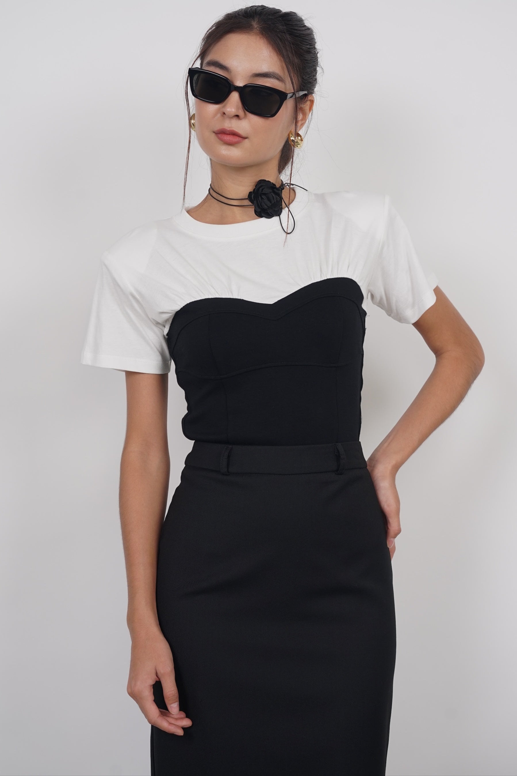 Short Sleeve Bustier Top in White Black