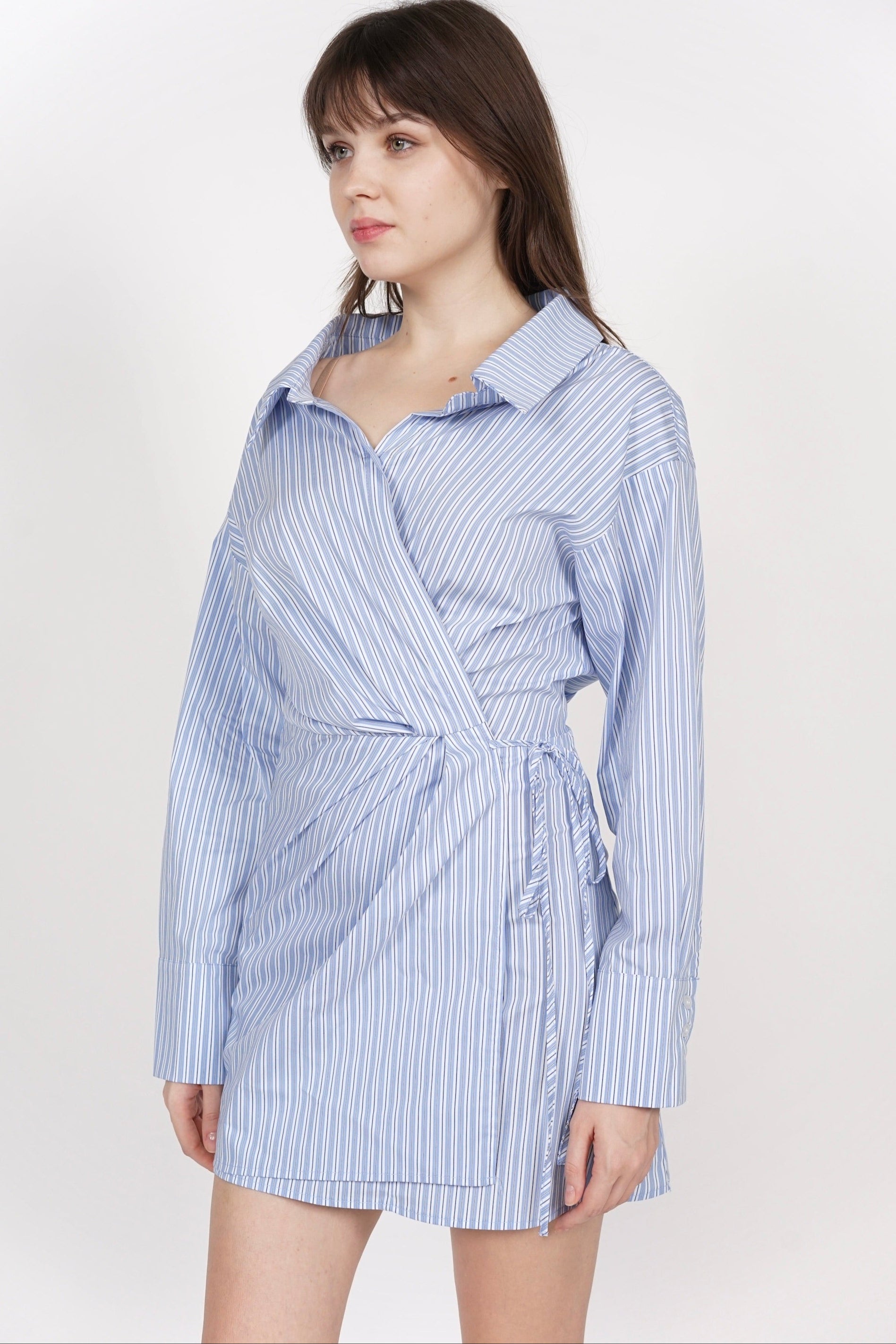 Collar Mini Wrap Dress in Blue Stripes