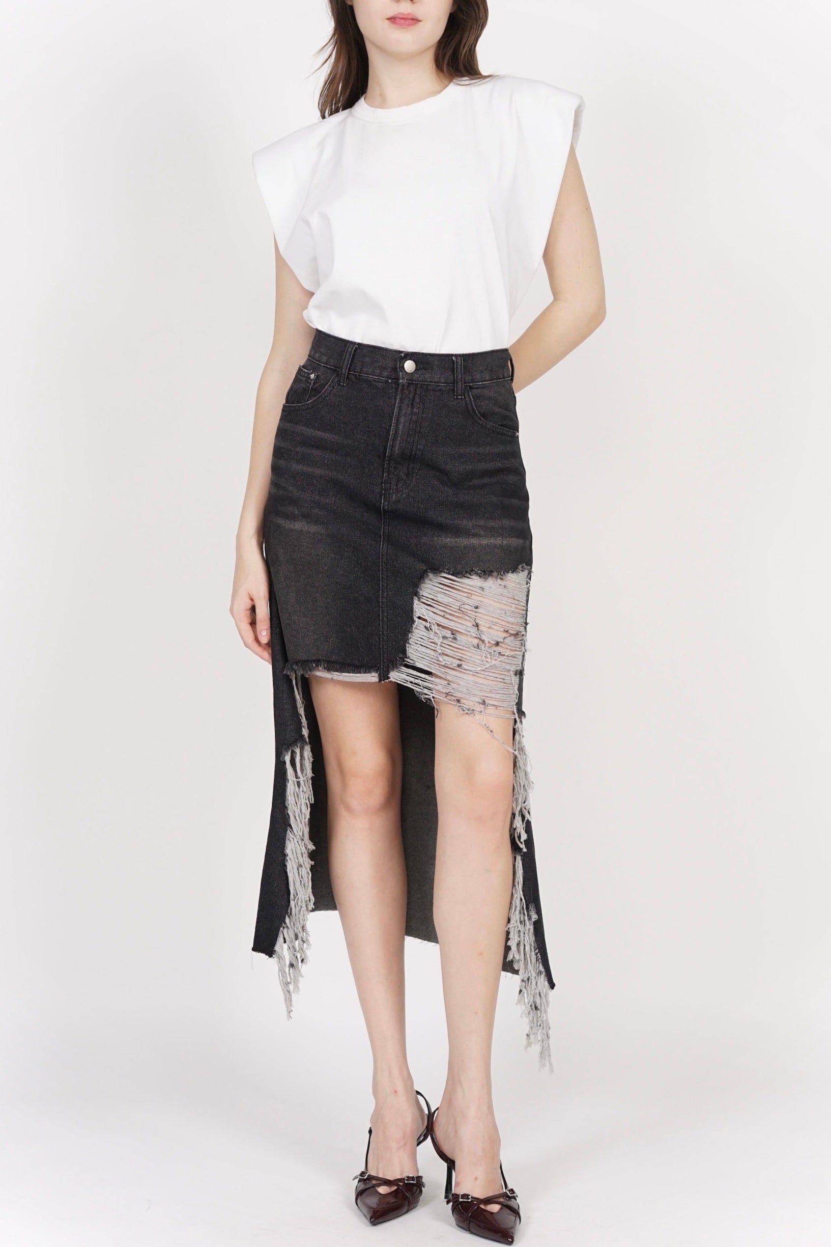 Distressed Denim Skirt in Washed Black