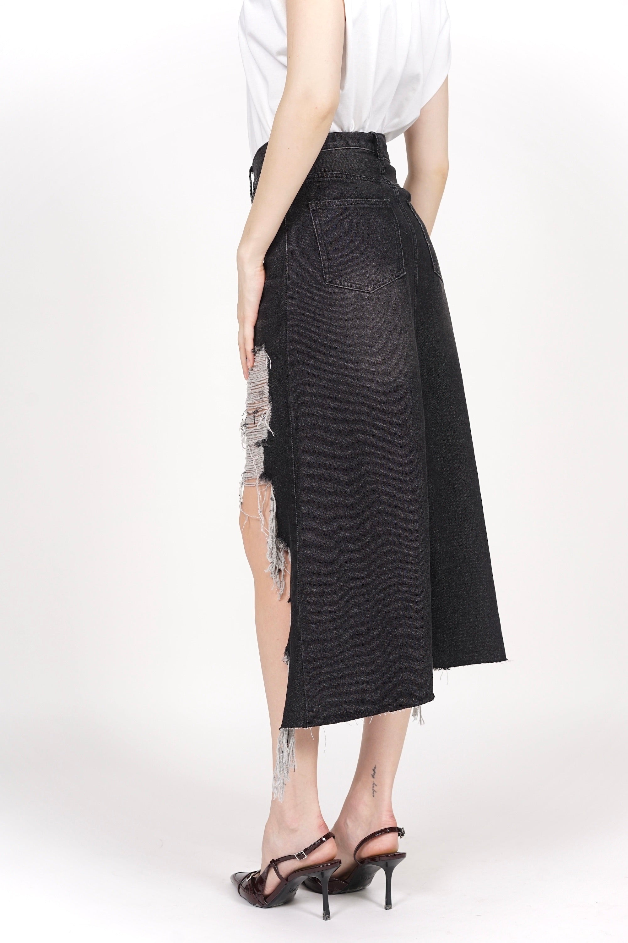 Distressed Denim Skirt in Washed Black