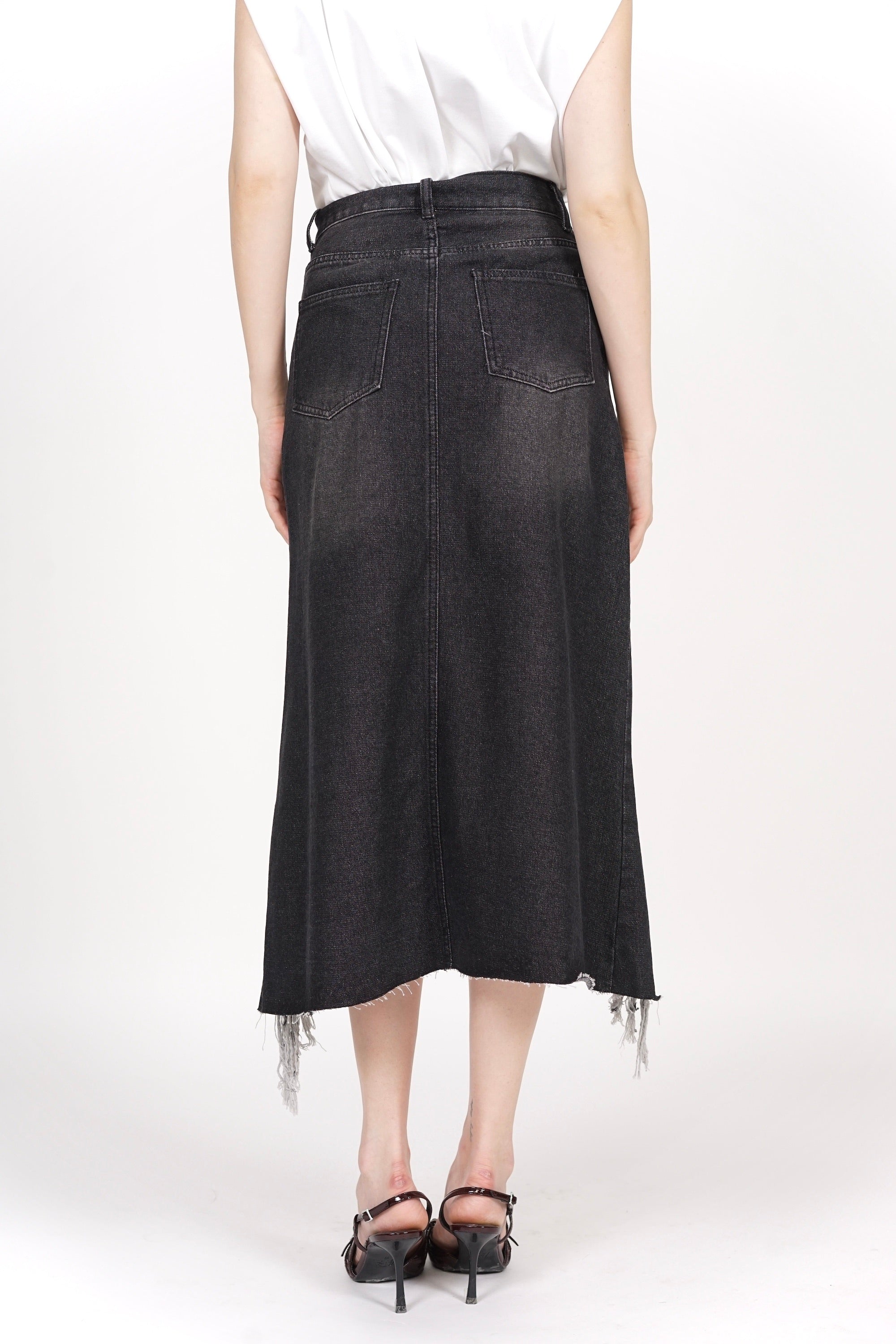 Distressed Denim Skirt in Washed Black