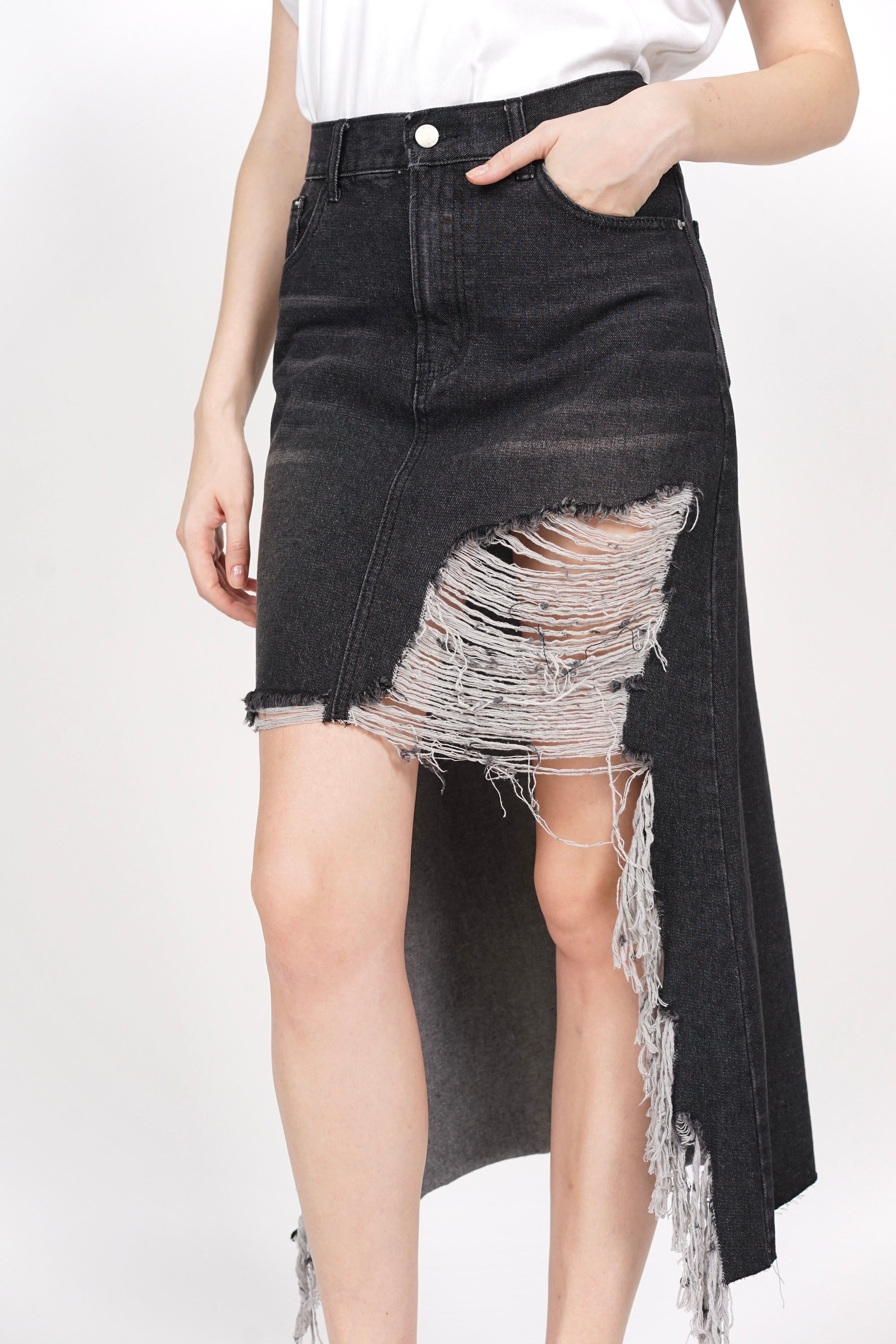 Distressed Denim Skirt in Washed Black