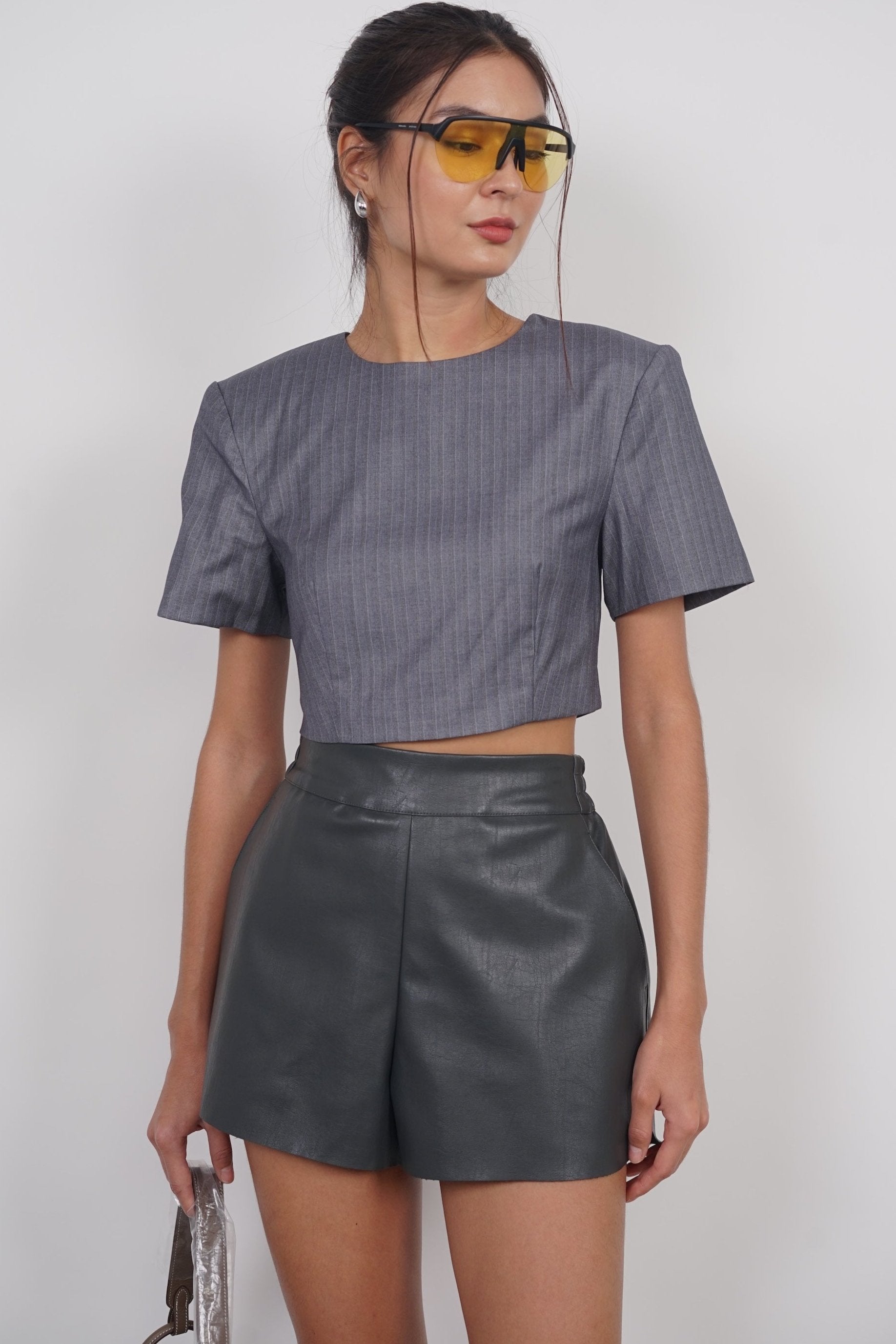 Cropped Padded Top in Grey Stripes