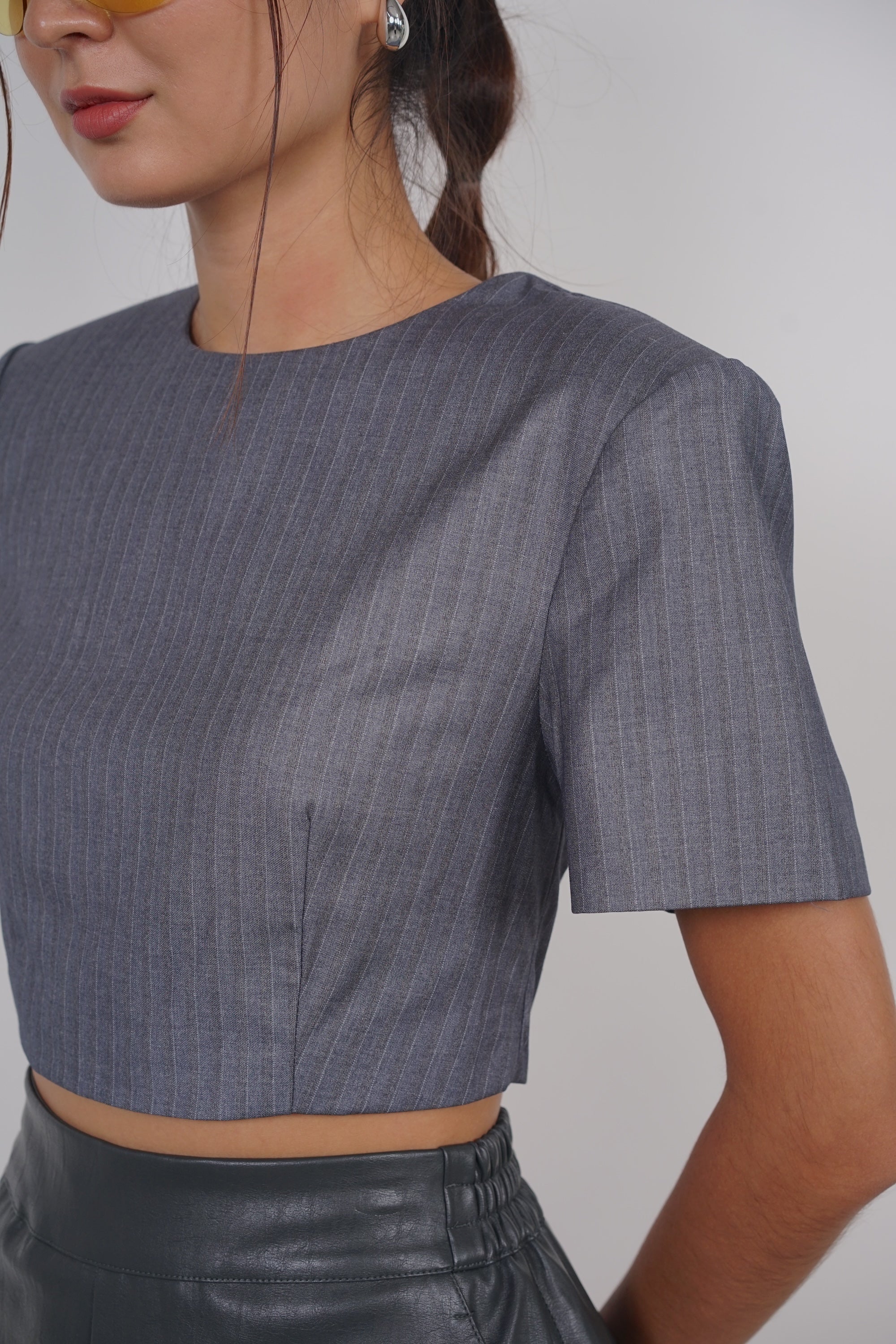 Cropped Padded Top in Grey Stripes