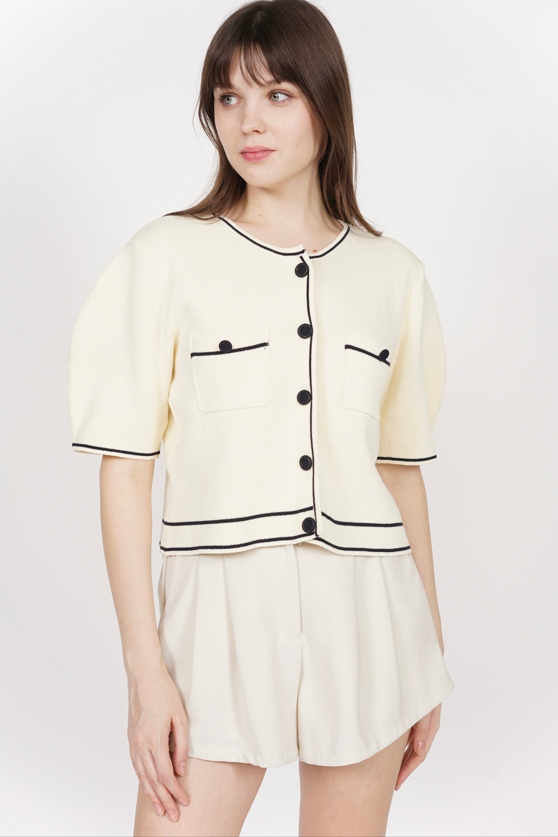 Button Contrast Knit Top in Ivory