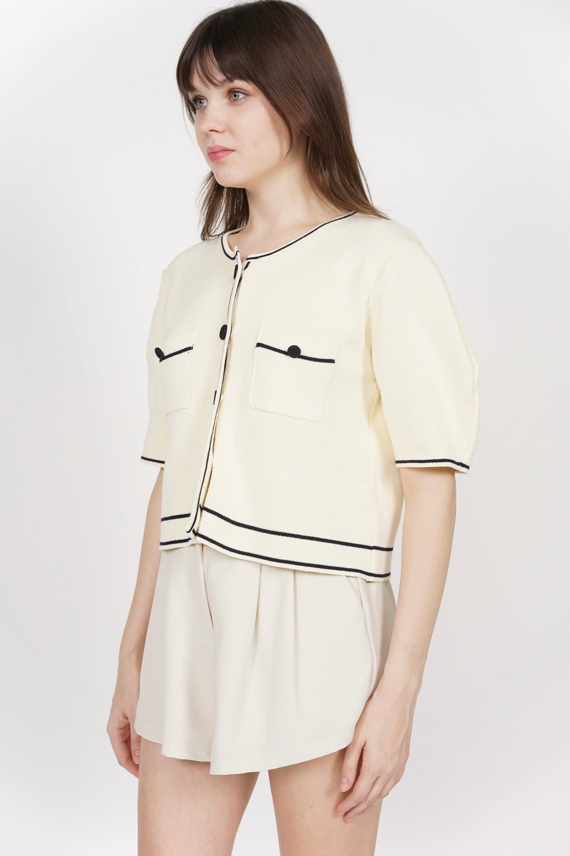 Button Contrast Knit Top in Ivory