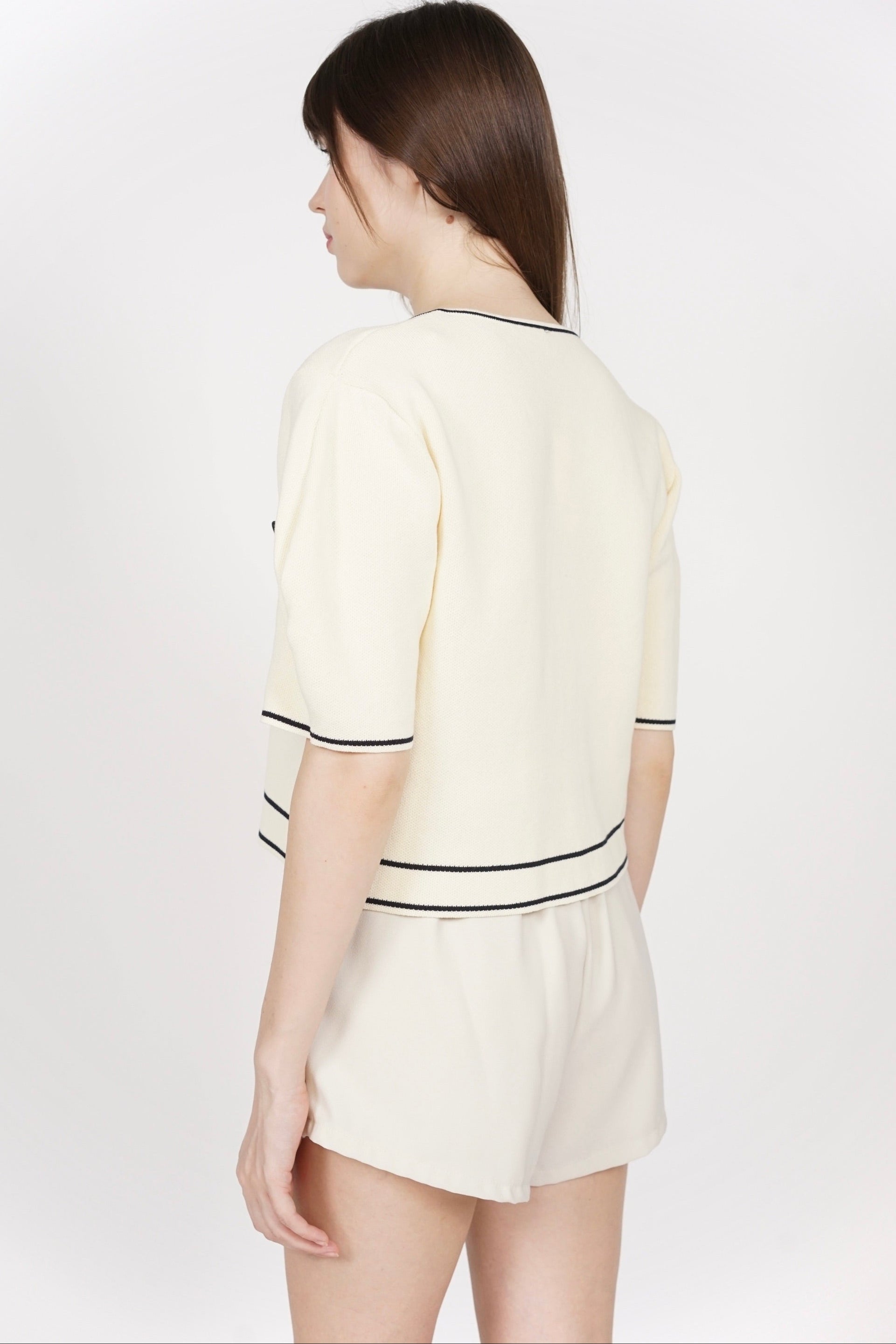 Button Contrast Knit Top in Ivory