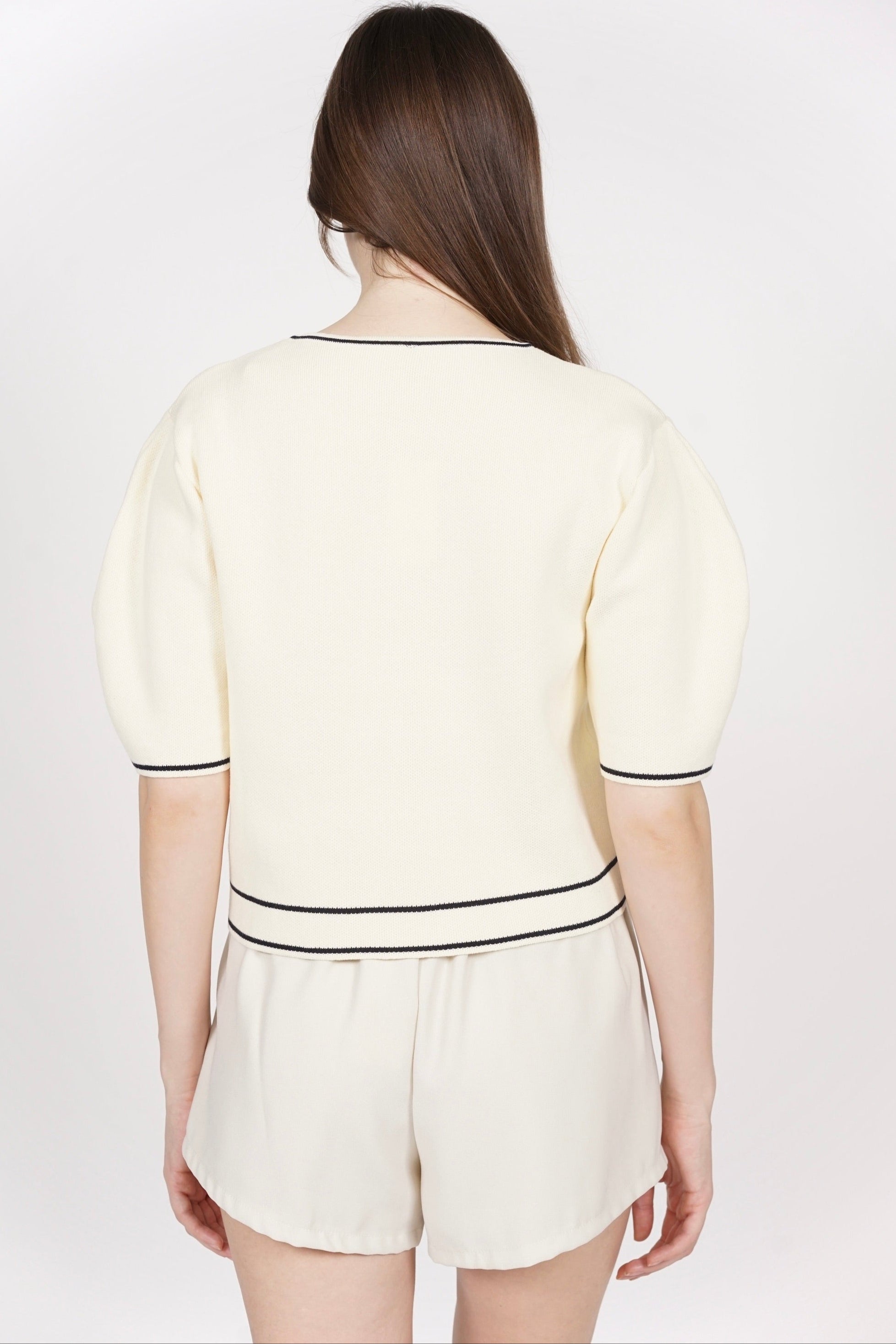 Button Contrast Knit Top in Ivory