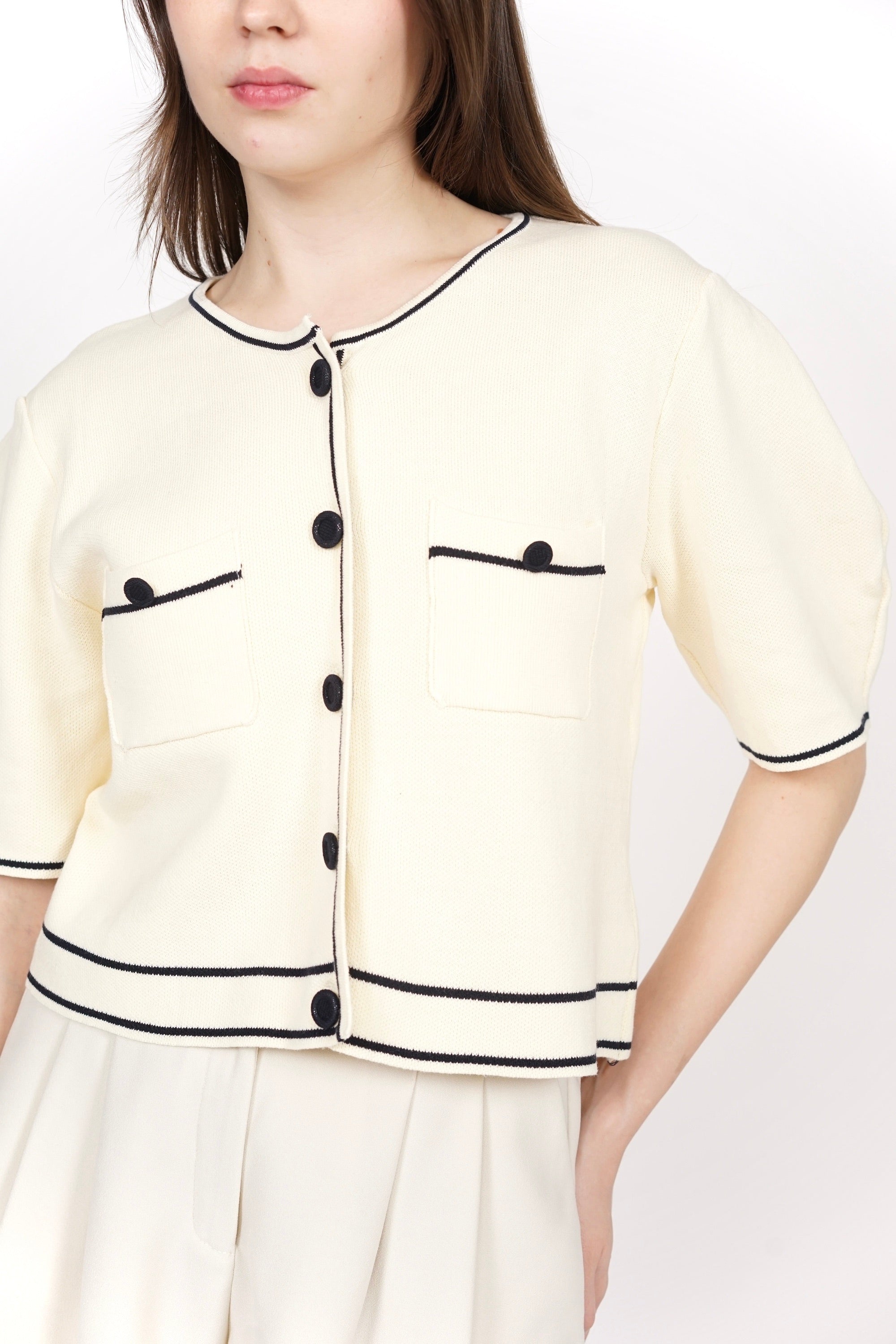 Button Contrast Knit Top in Ivory