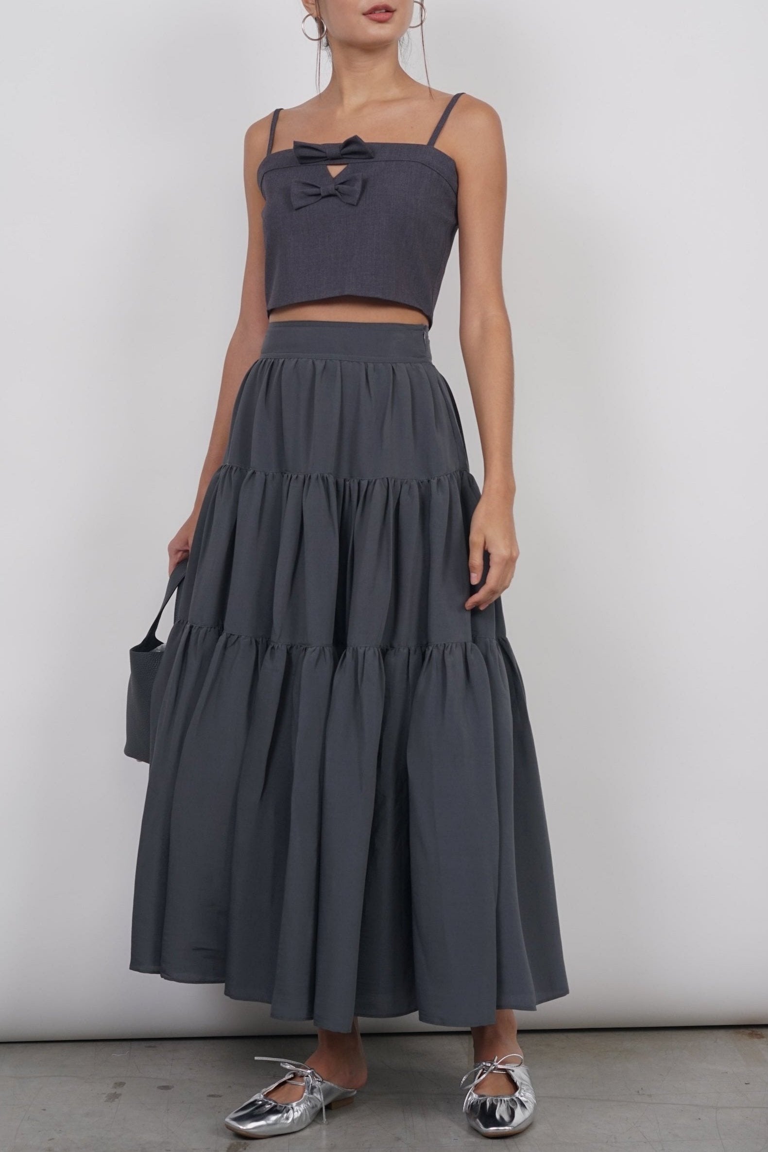 Bow Up Cropped Cami Top in Grey