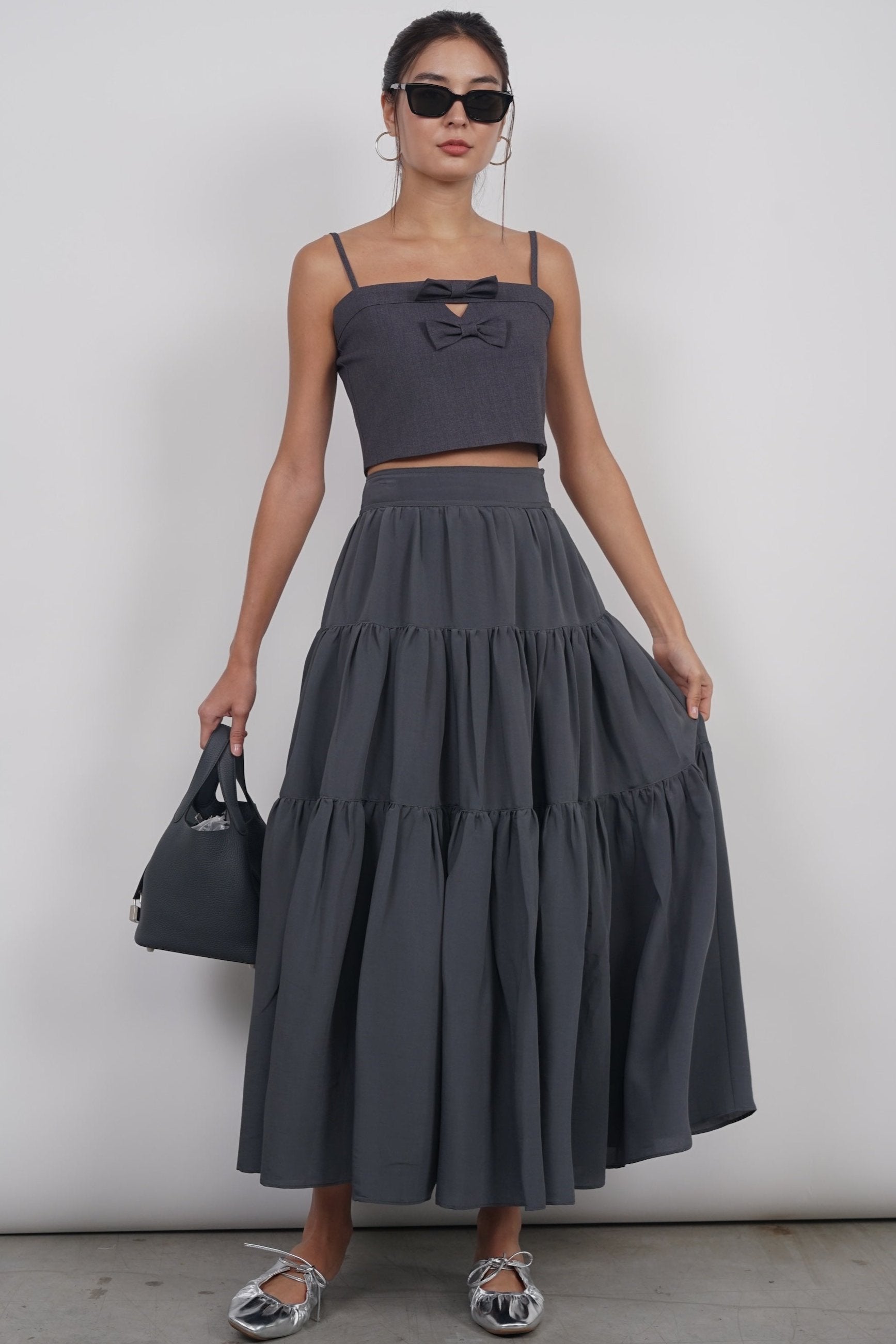 Bow Up Cropped Cami Top in Grey