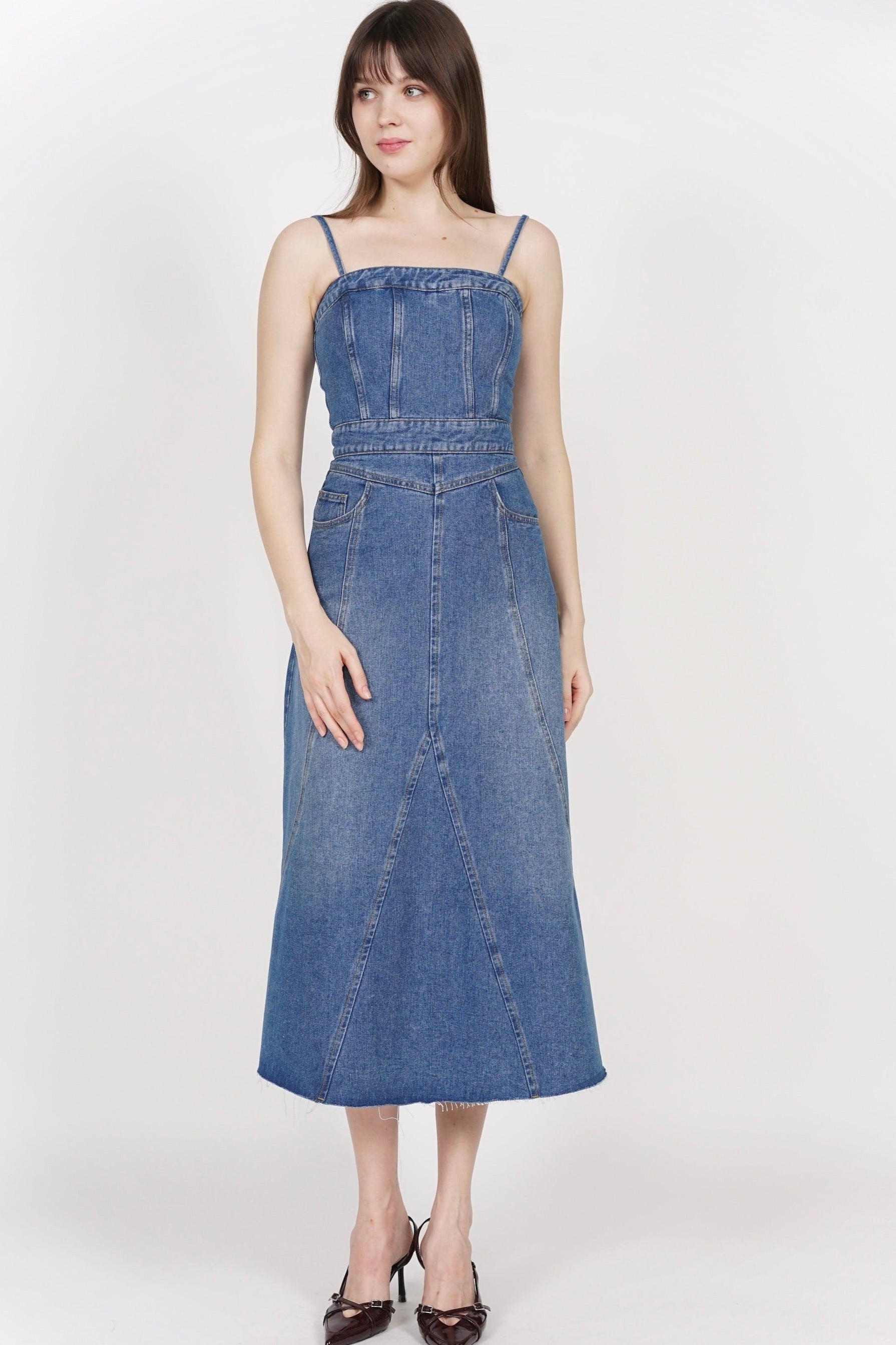 2-Way Panel Midi Denim Dress in Blue