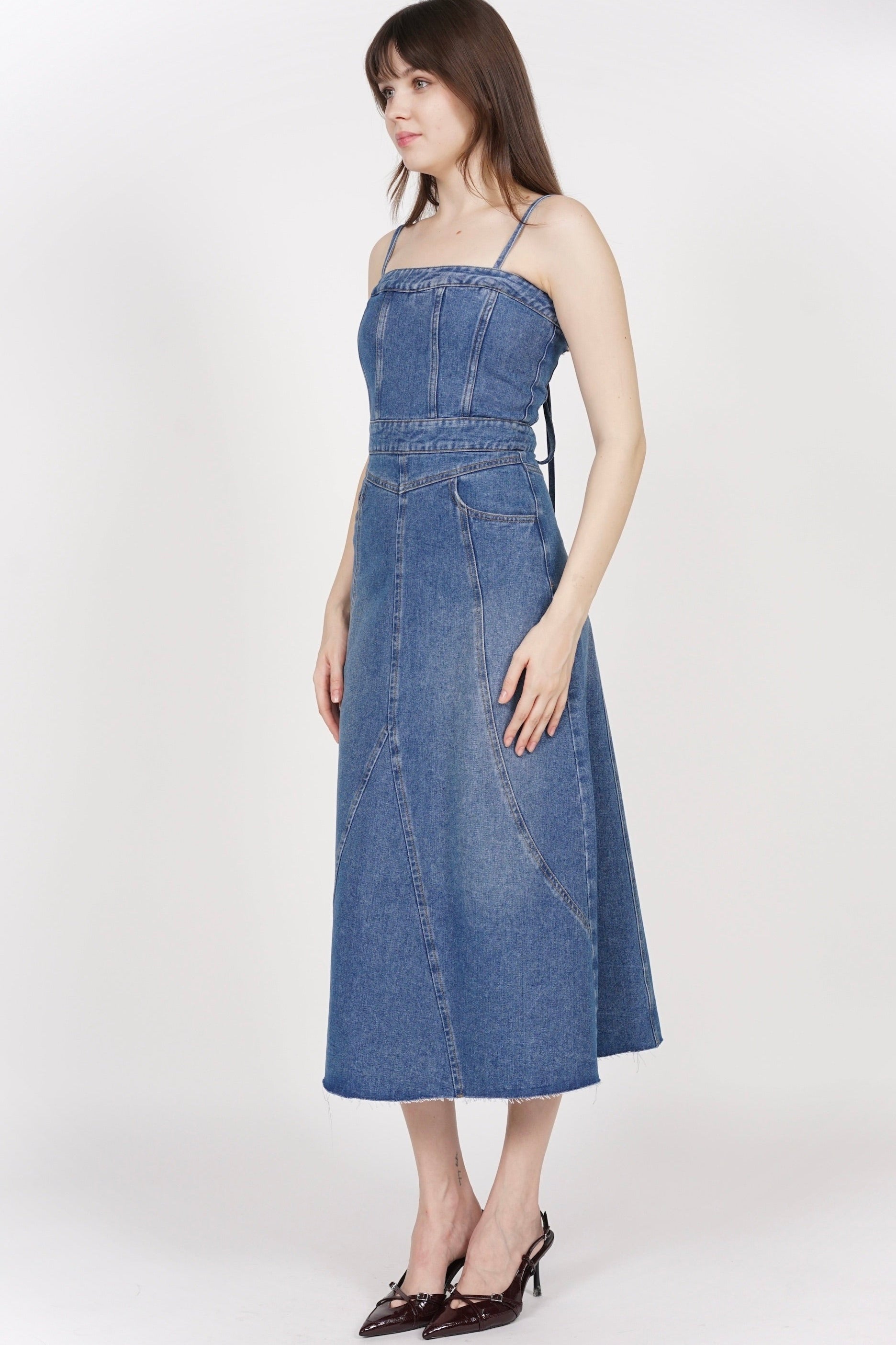 2-Way Panel Midi Denim Dress in Blue