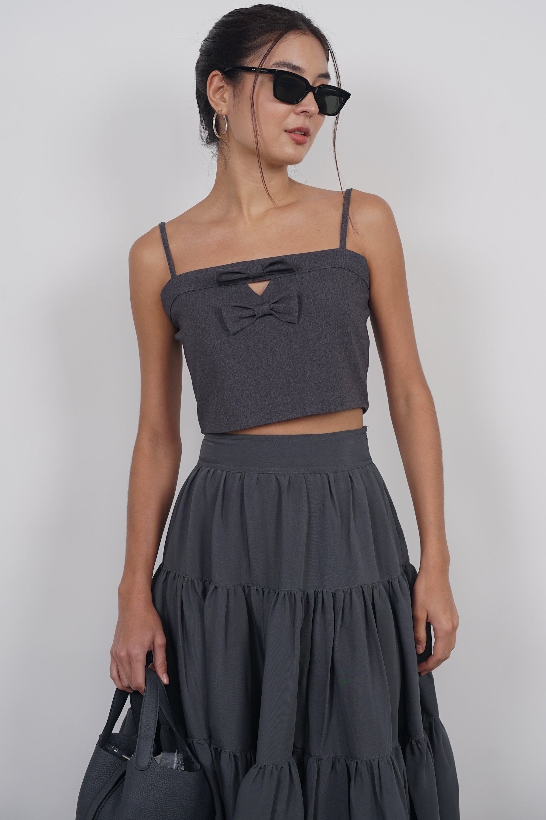 Bow Up Cropped Cami Top in Grey