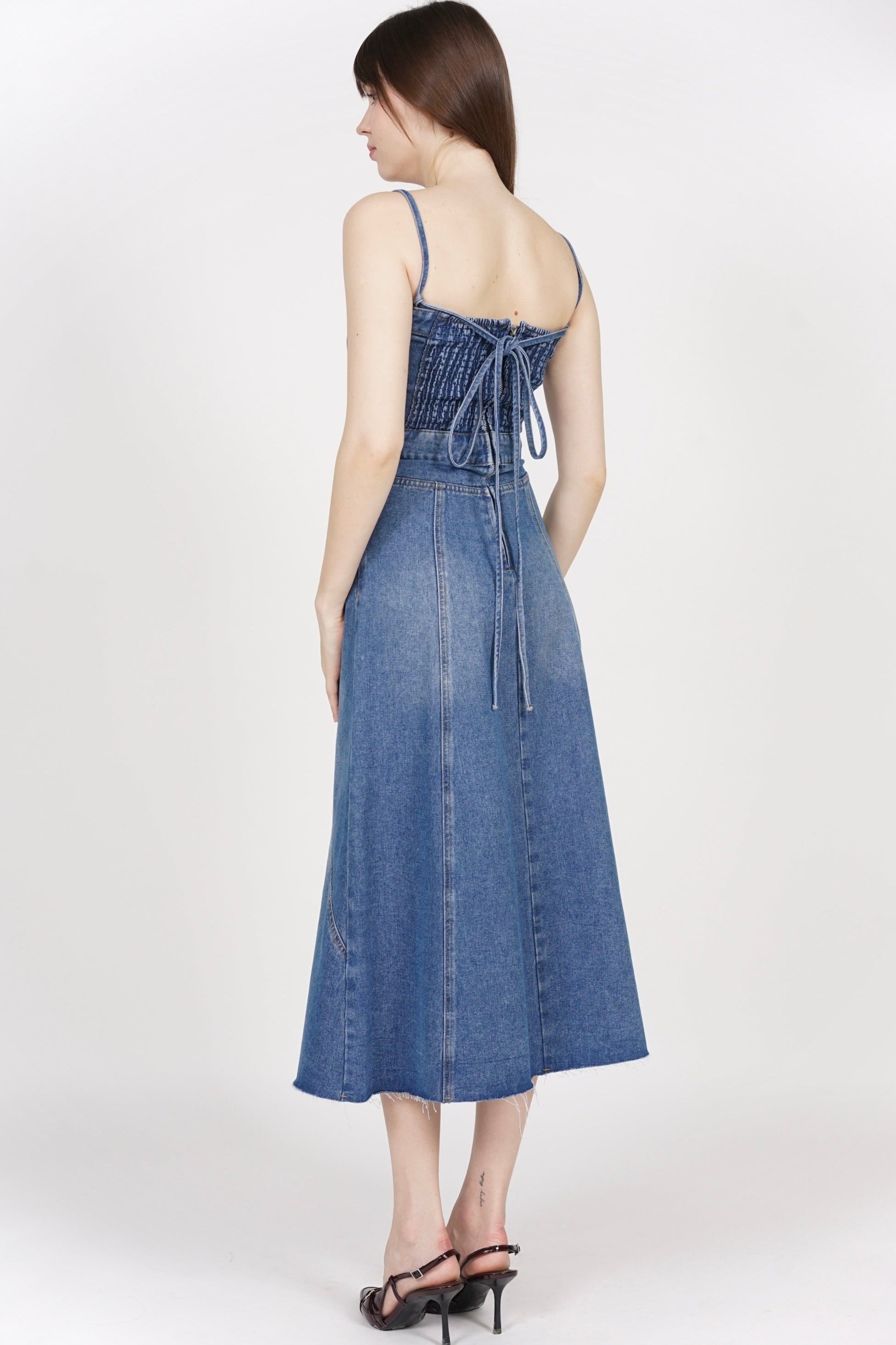 2-Way Panel Midi Denim Dress in Blue